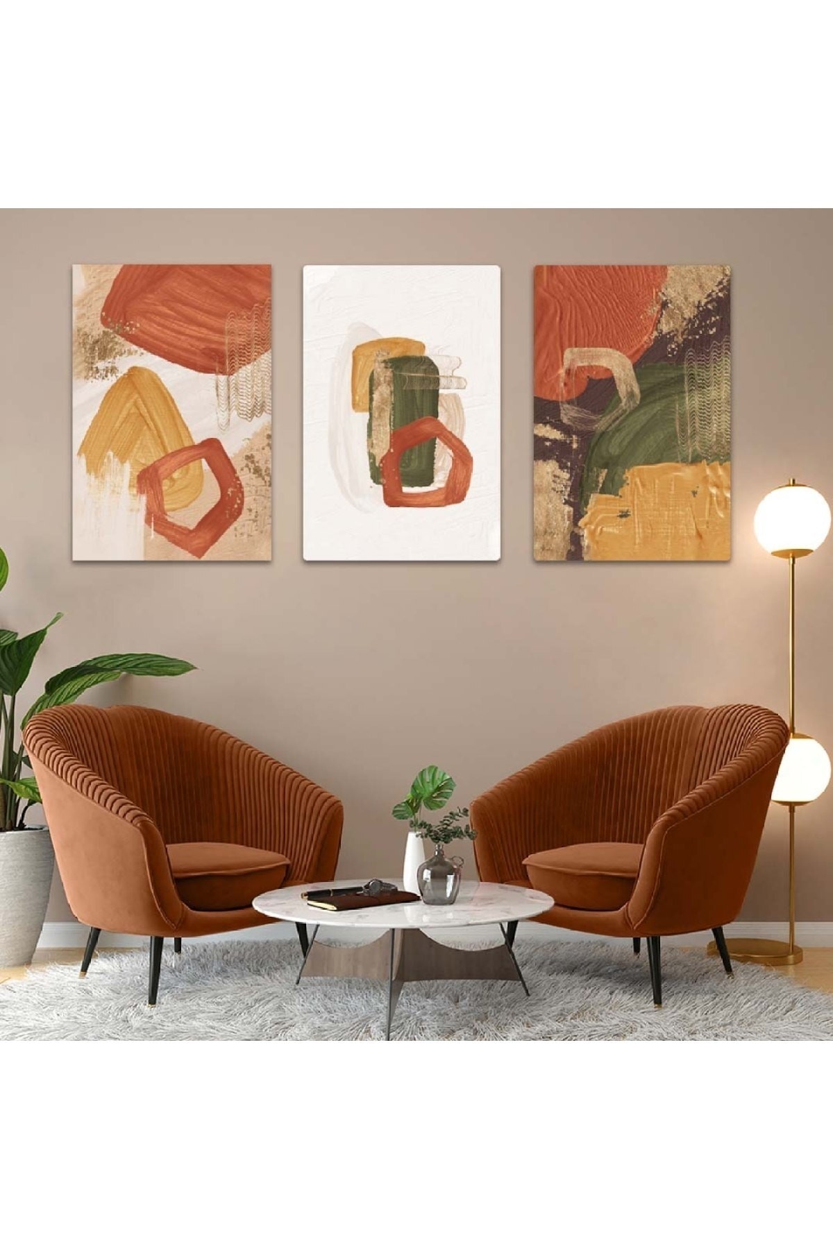 Minimalist Tablo Soyut Desen Şekiller 3'Lü Solmaz MDF Tablo Set