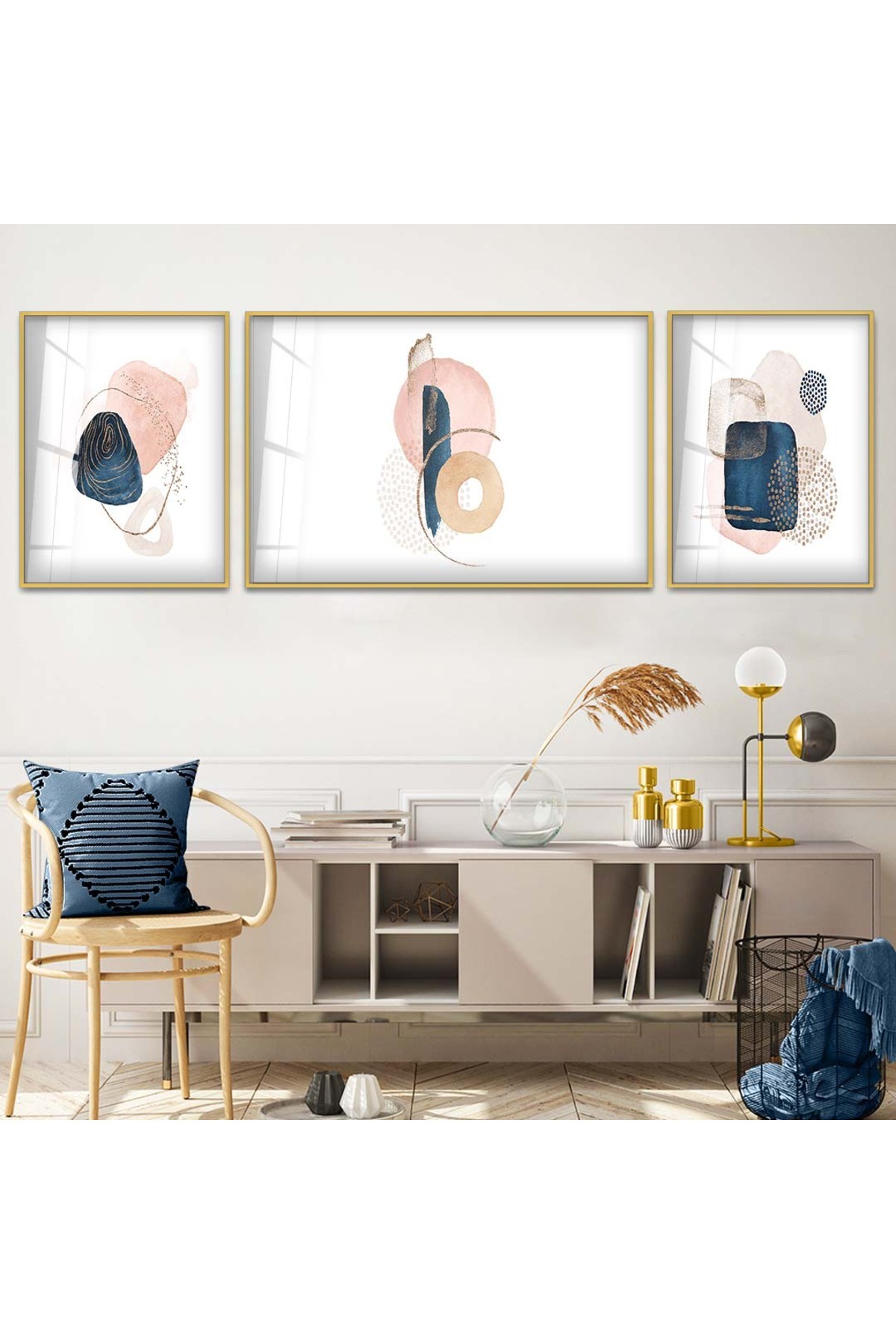 Canlı Modern Çizim 3'Lü Metal Çerçeveli UV Baskı Kırılmaz Cam Tablo