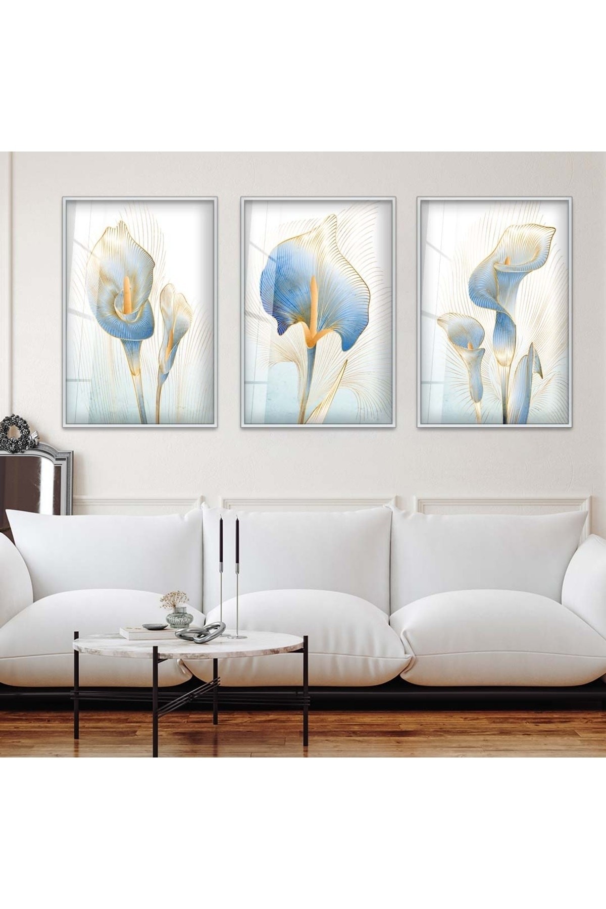 Minimalist Tablo Soyut Desen Çiçek 3'Lü Metal Çerçeveli UV Baskı Kırılmaz Cam Tablo Seti