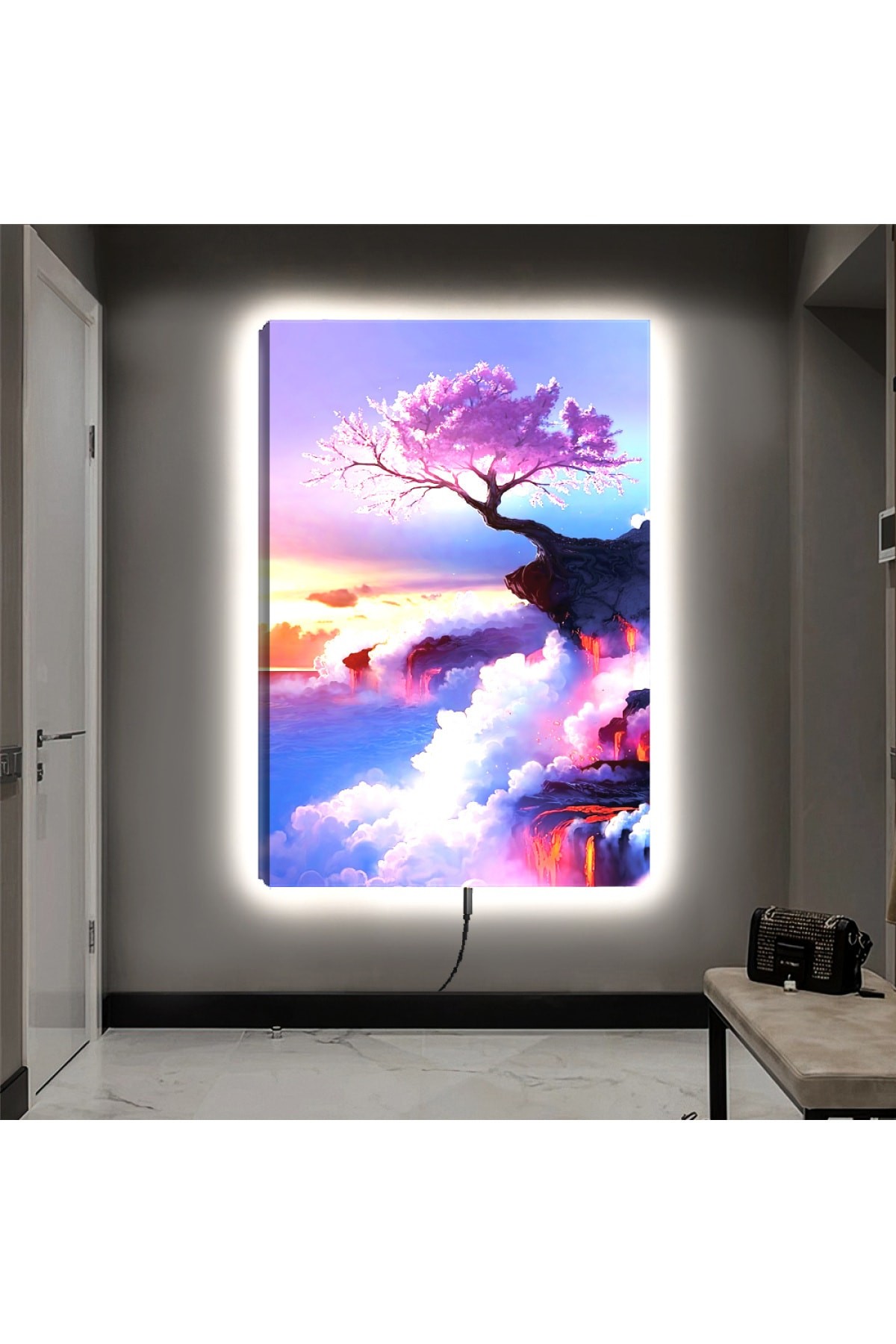 Ledli Ağaç Manzara Ahşap Şase Dijital Baskı Kanvas Tablo 90X60Cm