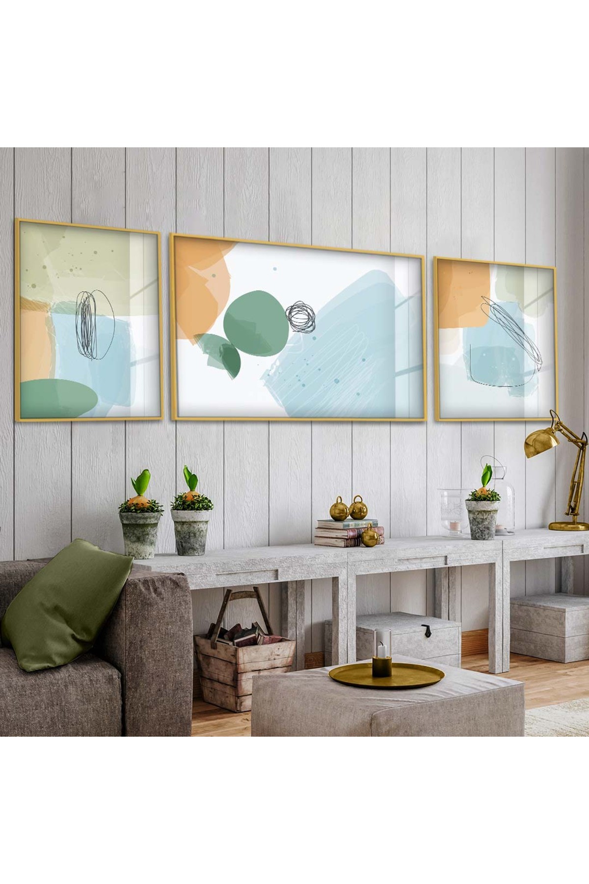 Minimal Sanatsal Çizim Soyut Desen 3'Lü Metal Çerçeveli UV Baskı Kırılmaz Cam Tablo