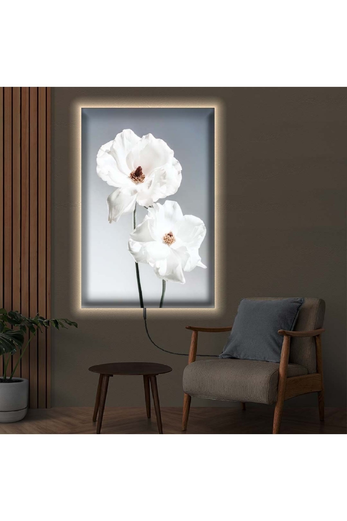 Huzur Ledli Beyaz Çiçek Ahşap Şase Dijital Baskı Kanvas Tablo 50X70Cm
