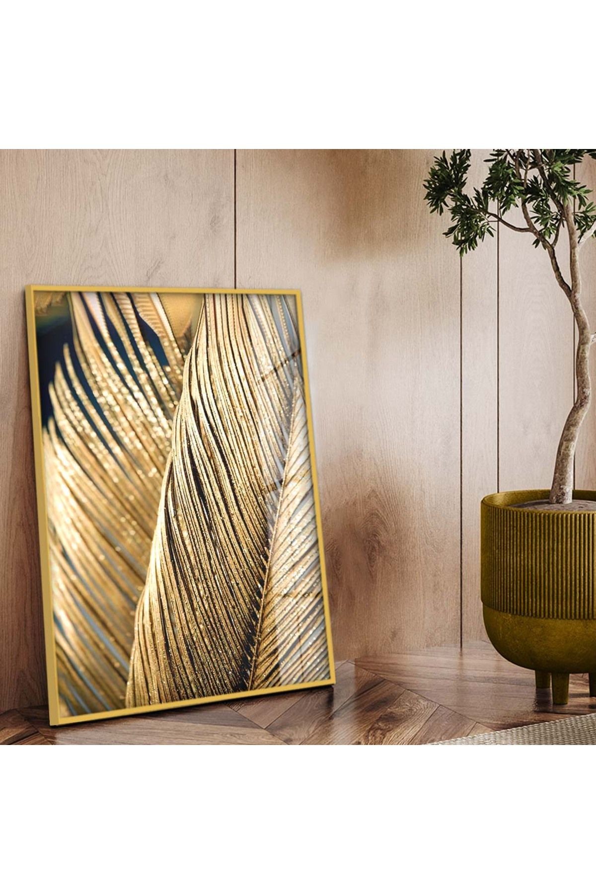Gold Metal Çerçeveli Modern Çizim Gold Yaprak Tema Kırılmaz Cam Tablo