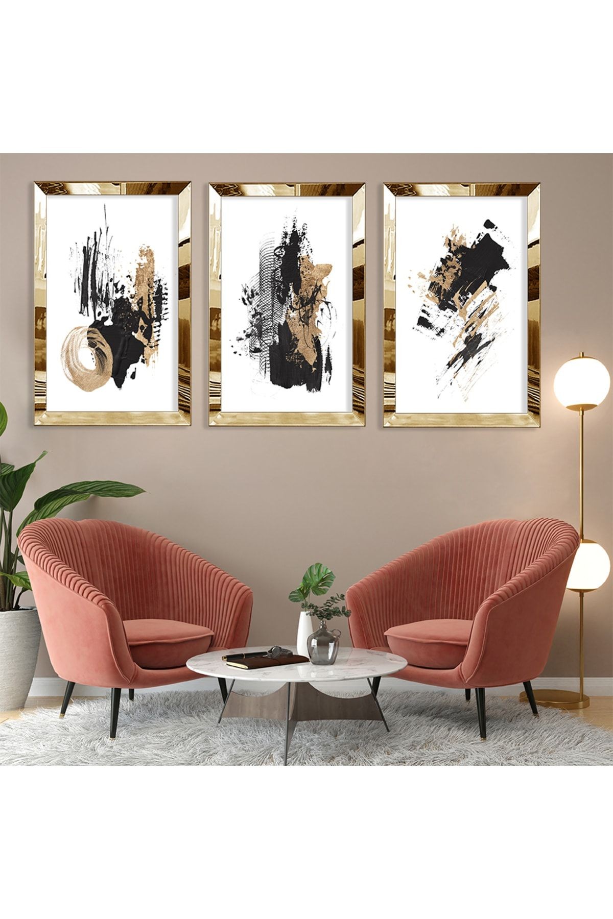 Soyut Desen Boya Gold Pleksi Kenar Üçlü Mdf Tablo Seti
