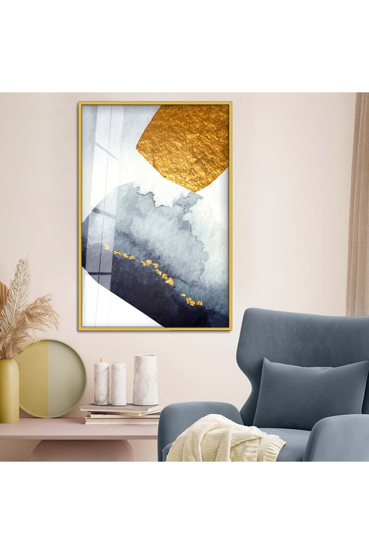 Tasarım Minimalist Tablo Soyut Tema Modern Çizim Metal Çerçeveli UV Baskı Kırılmaz Cam Tablo