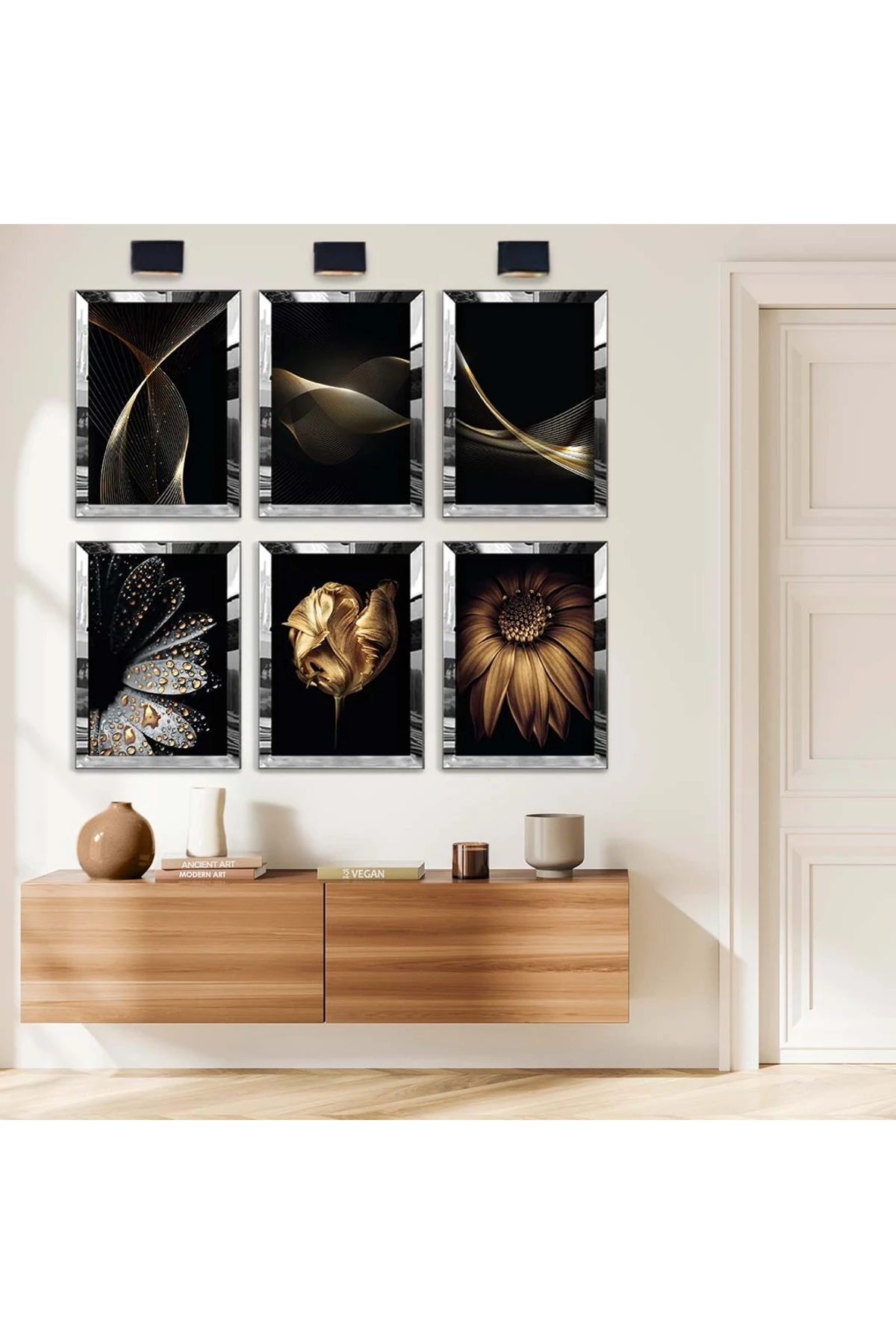 Gold Detay Çiçek 6'Lı Pleksi Kenar Solmaz MDF Tablo Seti