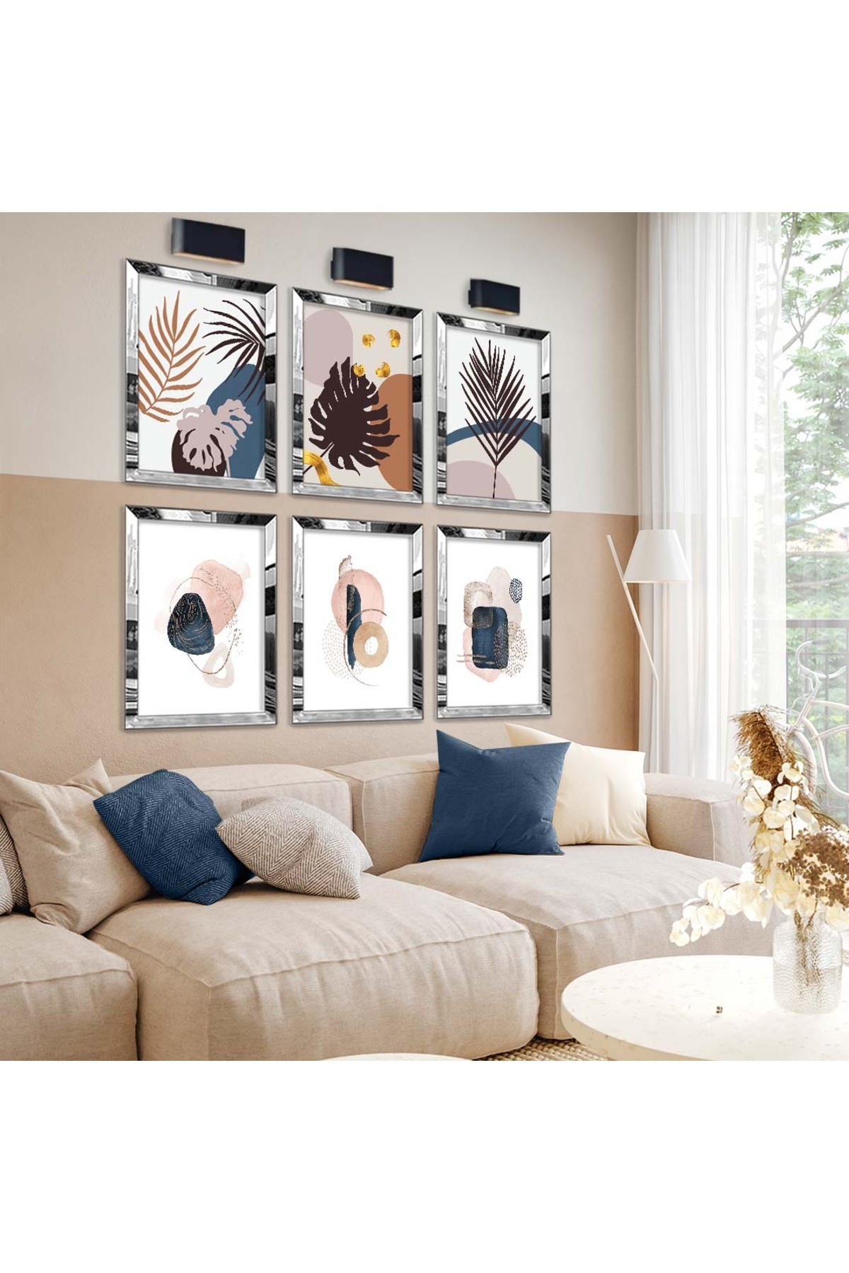 Modern Çizim Yaprak Ve Soyut Tema 6'Lı Pleksi Kenar Solmaz MDF Tablo Seti