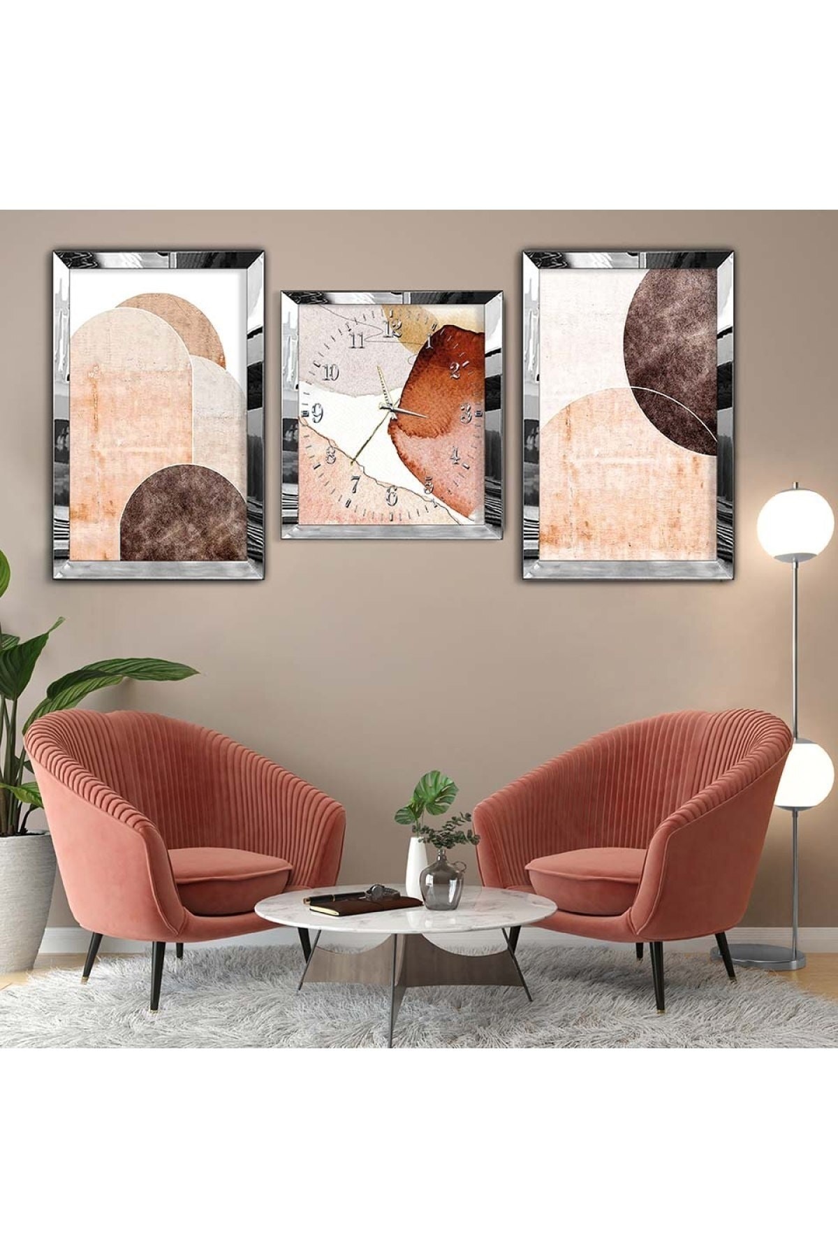 Özel Tasarım Minimalist Gold Pleksi Kenar 3'Lü Solmaz MDF Tablo Saat Seti