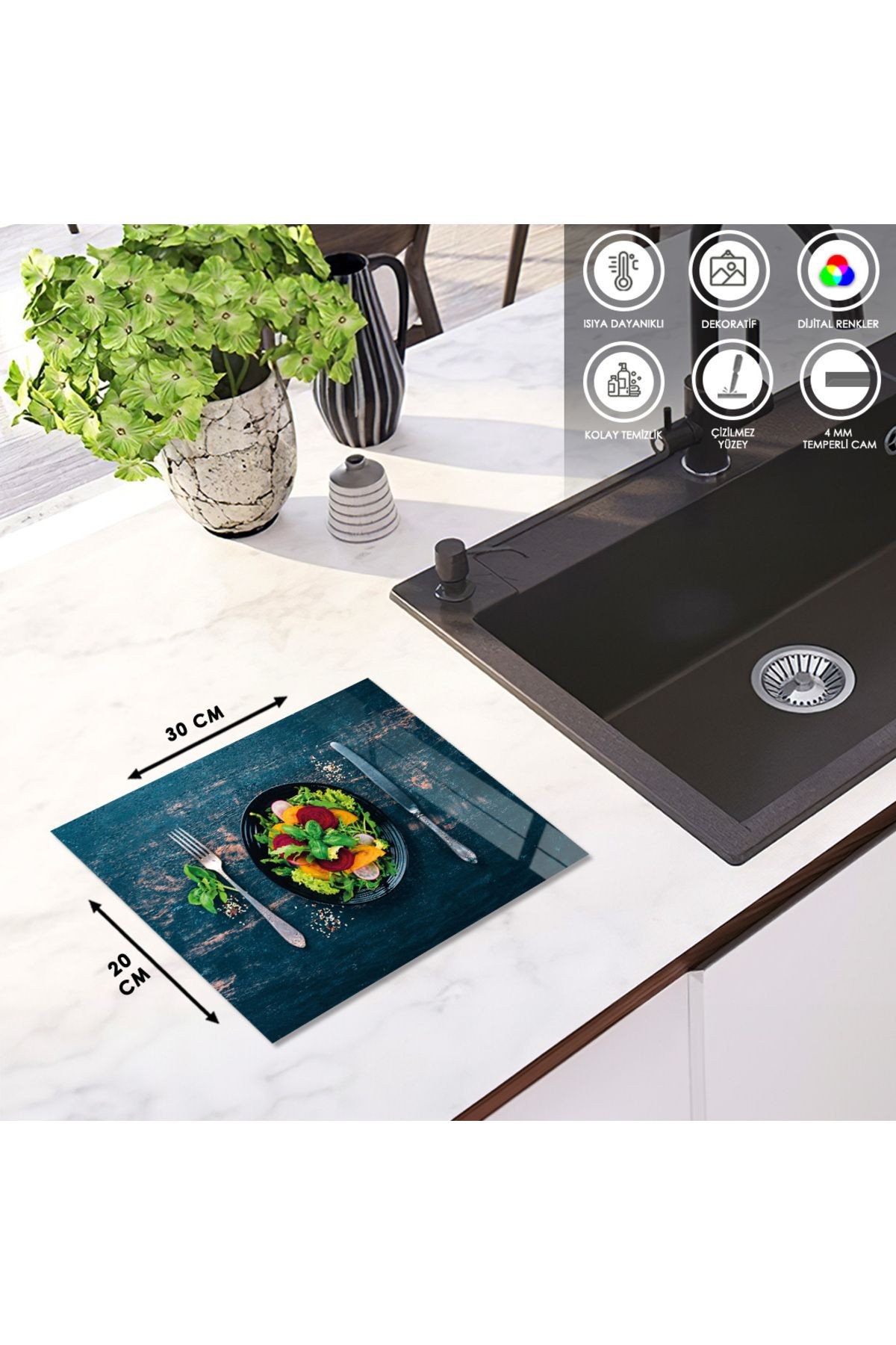 Cam Kesme Tahtası Çatal Bıçak ve Salata Tabağı