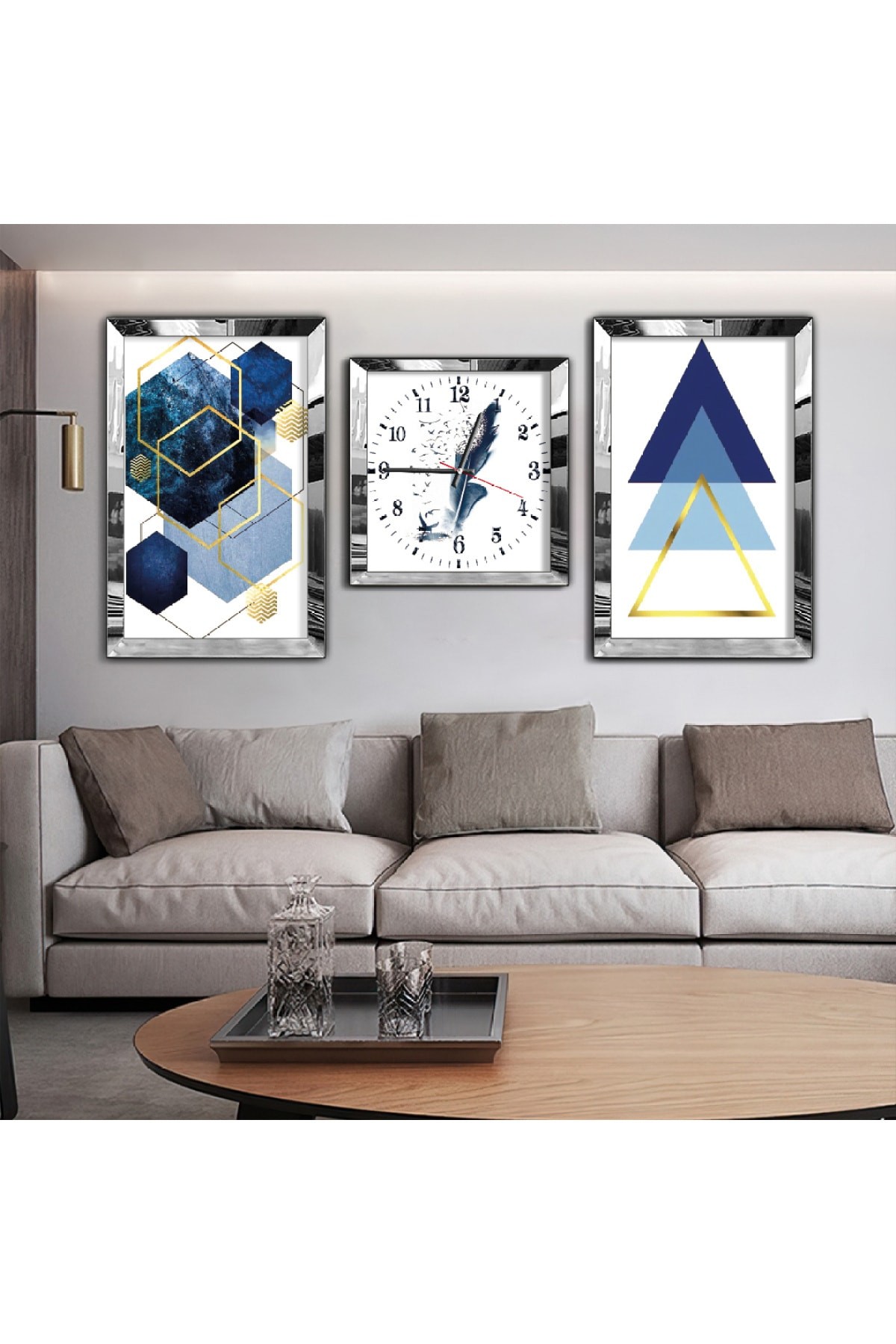 Modern Tablo Mavi Renkli Aynalı Gold Pleksi Çerçeveli MDF Tablo Ve Saat Seti