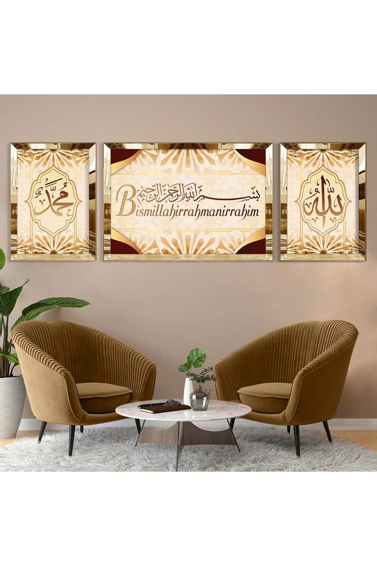 Gold Aynalı Pleksi Çerçeveli Üçlü Gold Arka Planlı Besmele Dini Model Mdf Tablo Seti