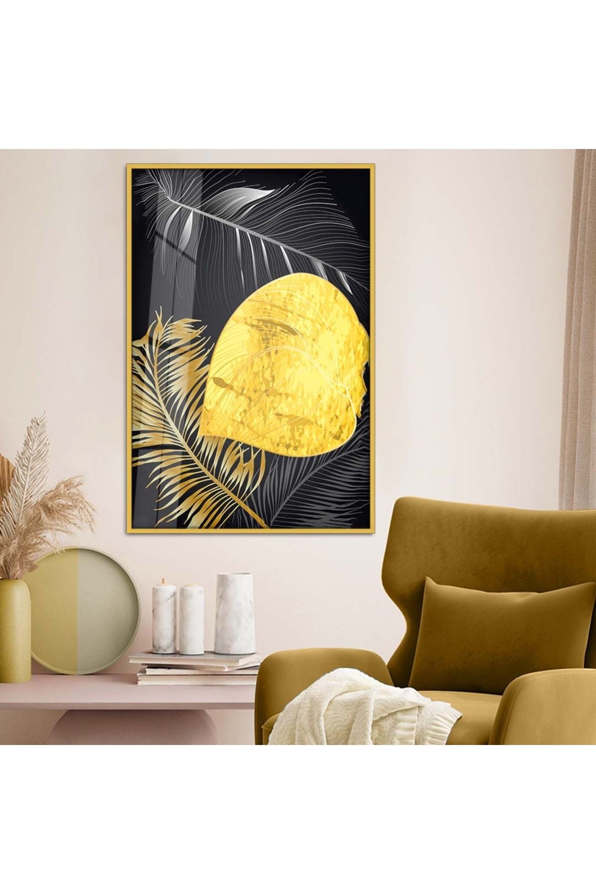 Gold Metal Çerçeveli Kolaj Çizim Yaprak Desen Kırılmaz Cam Tablo