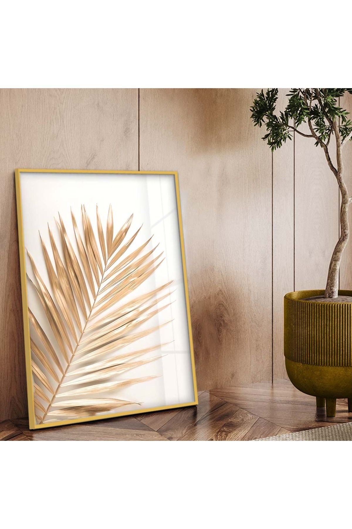 Gold Metal Çerçeveli Gold Yaprak Desen Kırılmaz Cam Tablo