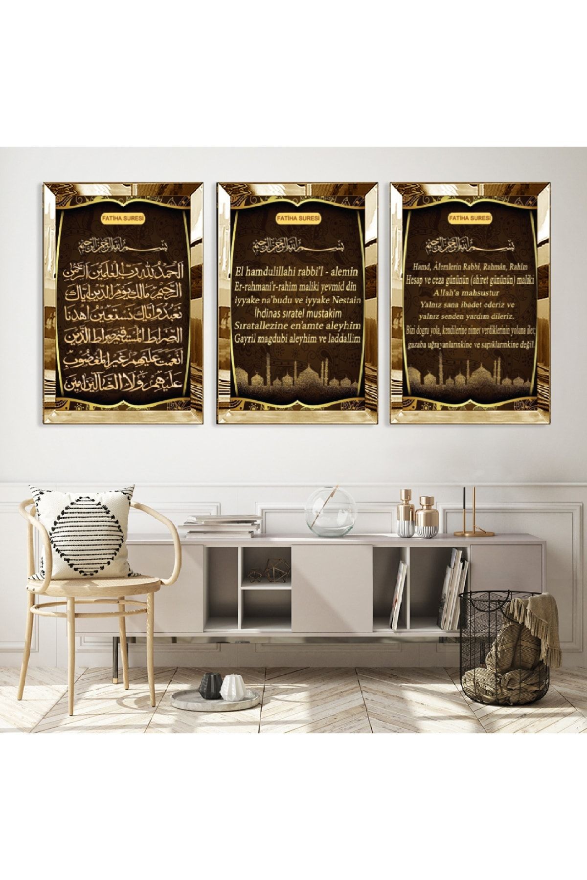 Gold Aynalı Pleksi Çerçeveli Fatiha Süresi Üçlü Mdf Tablo Seti