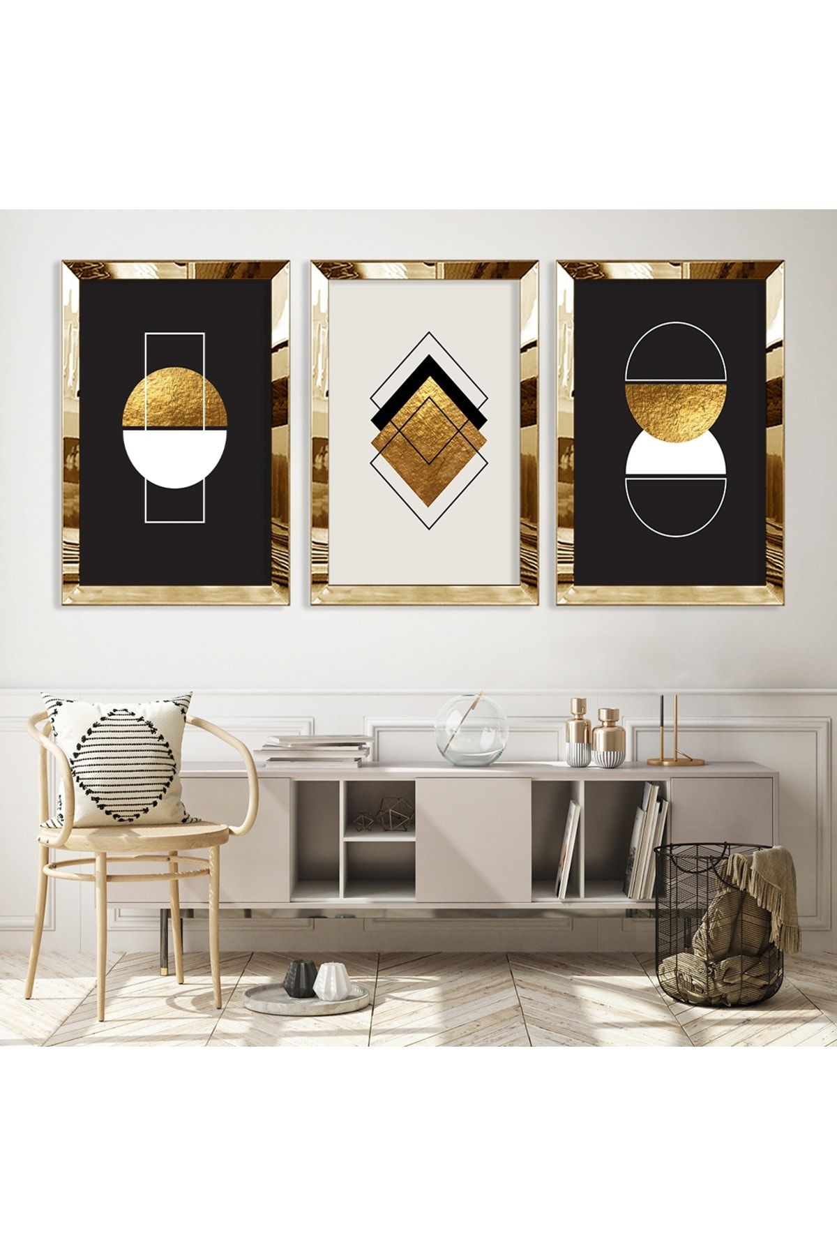 Soyut Desen Şekiller Gold Pleksi Kenar Üçlü Mdf Tablo Seti