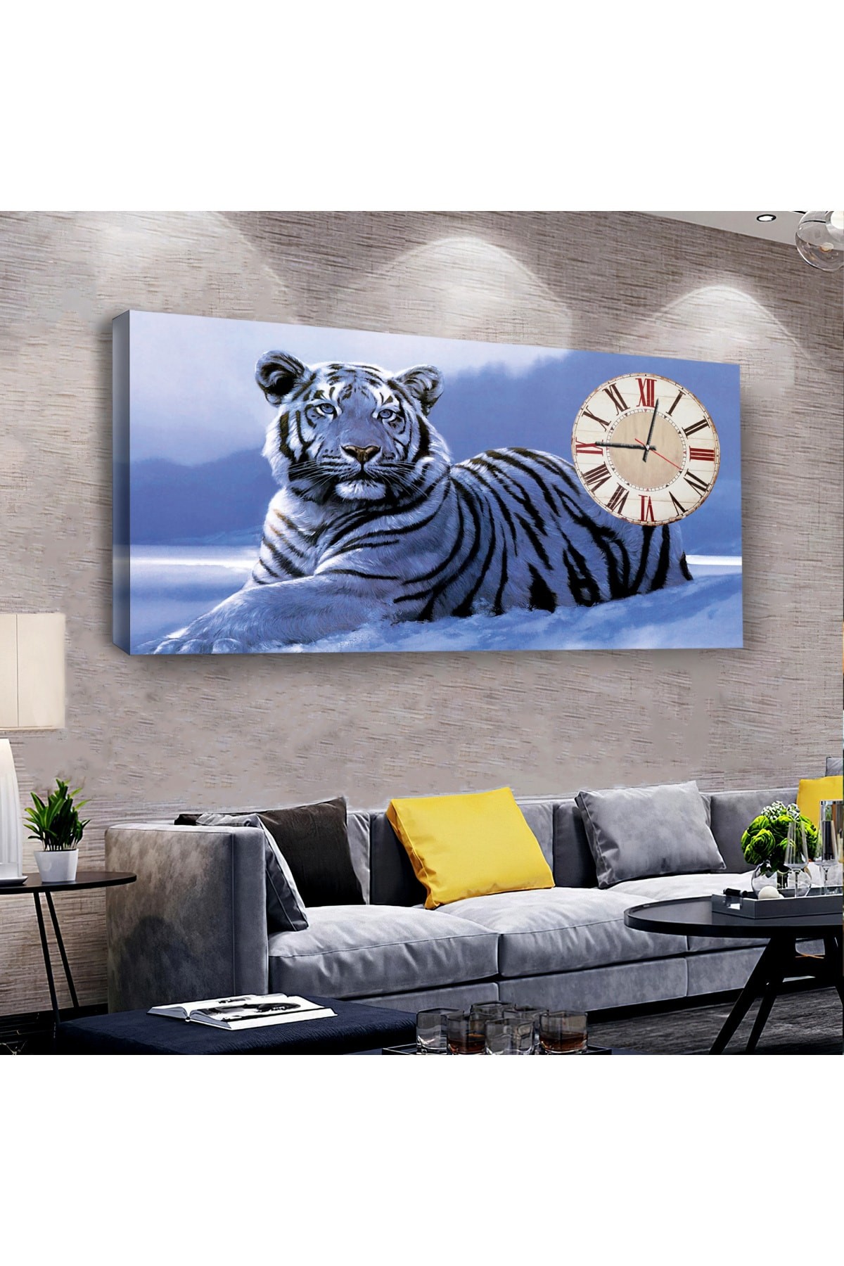 Kaplan saatliAhşap Şase Dijital Baskı Kanvas Tablo 100X50Cm