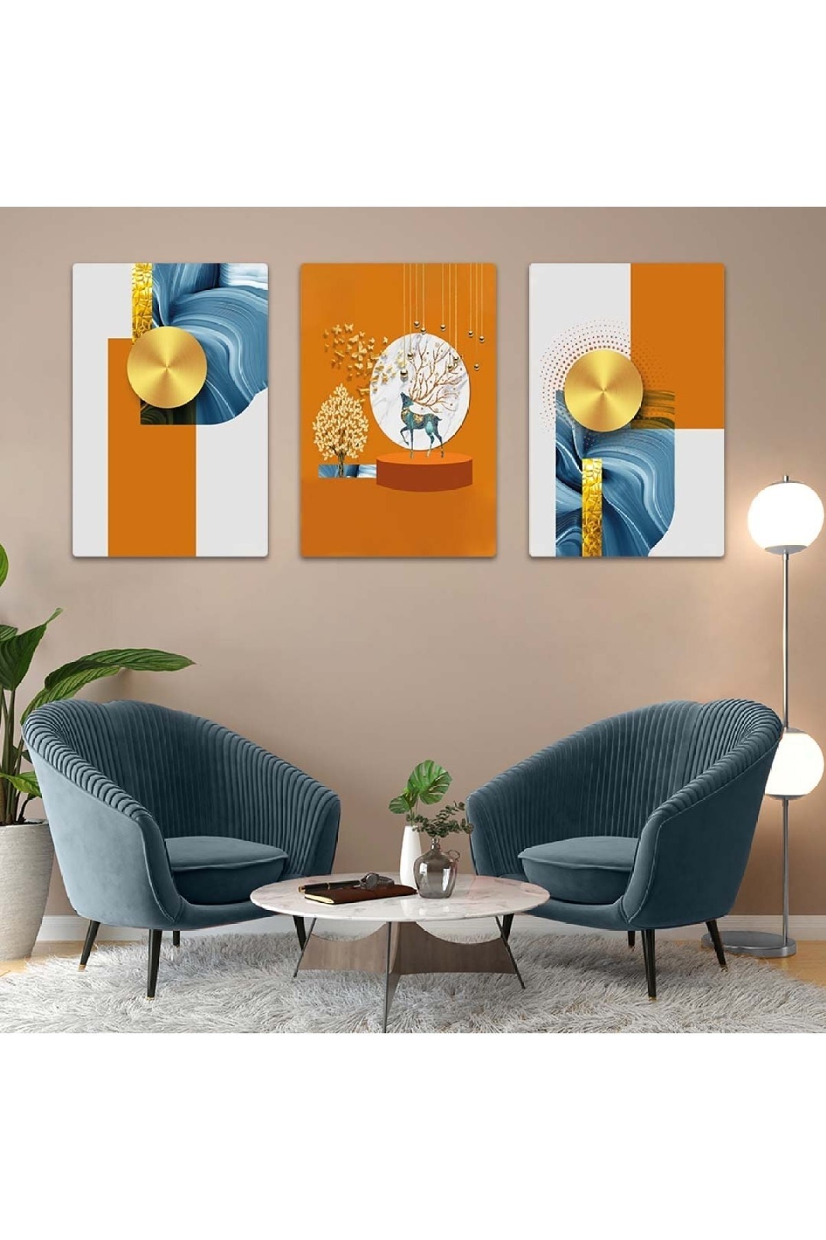 Minimalist Soyut Desen 3'Lü Solmaz MDF Tablo Set