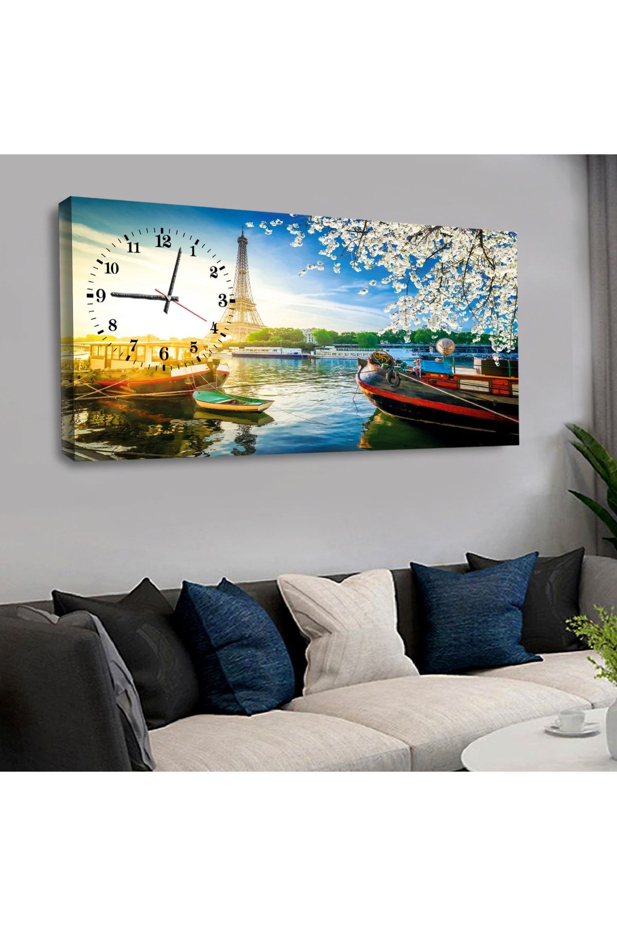 120 X 60 Saatli Kanvas Eiffel Manzara Tablo
