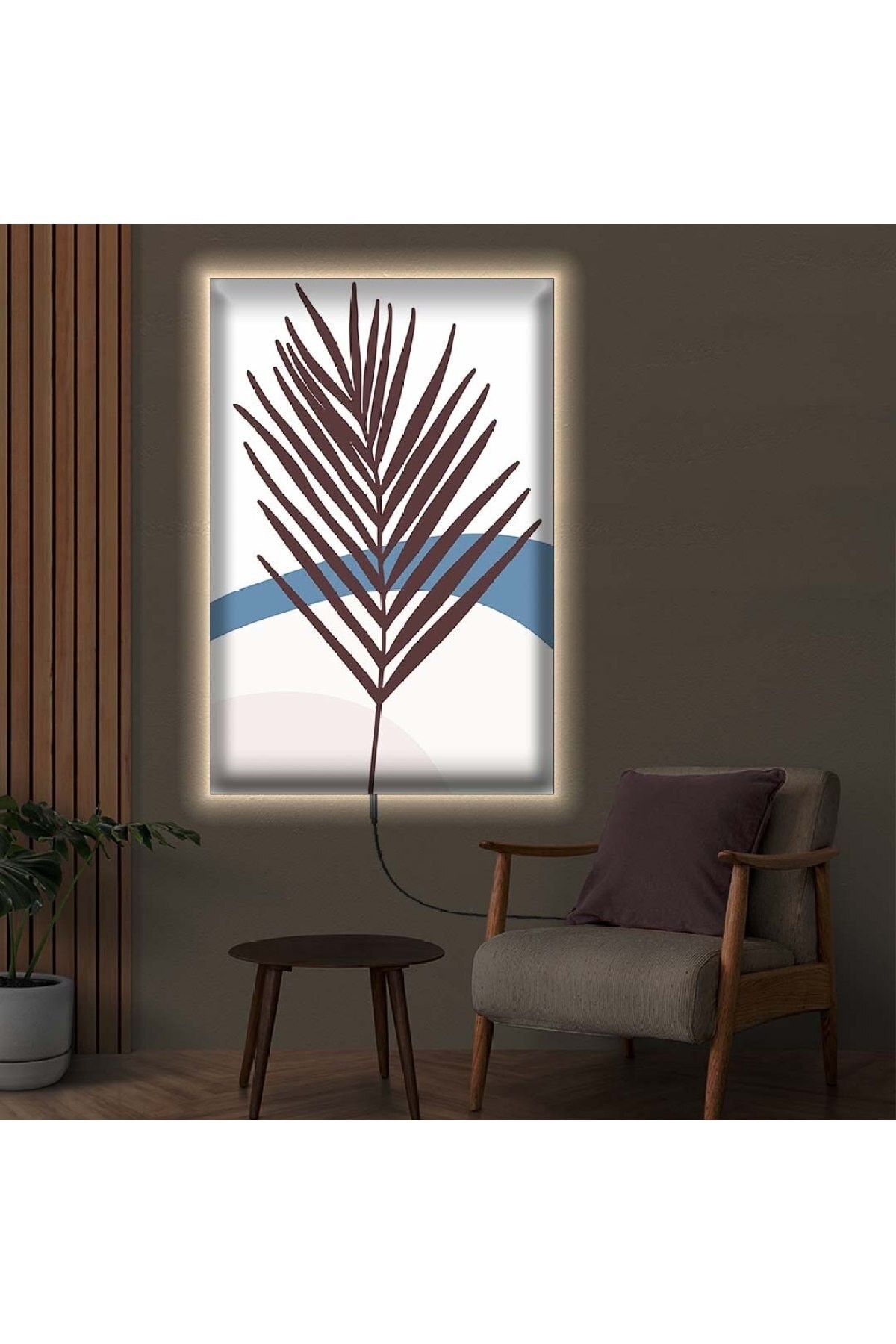 Minimalist Ledli Kolaj Çizim Yaprak Ahşap Şase Dijital Baskı Kanvas Tablo 50X70Cm