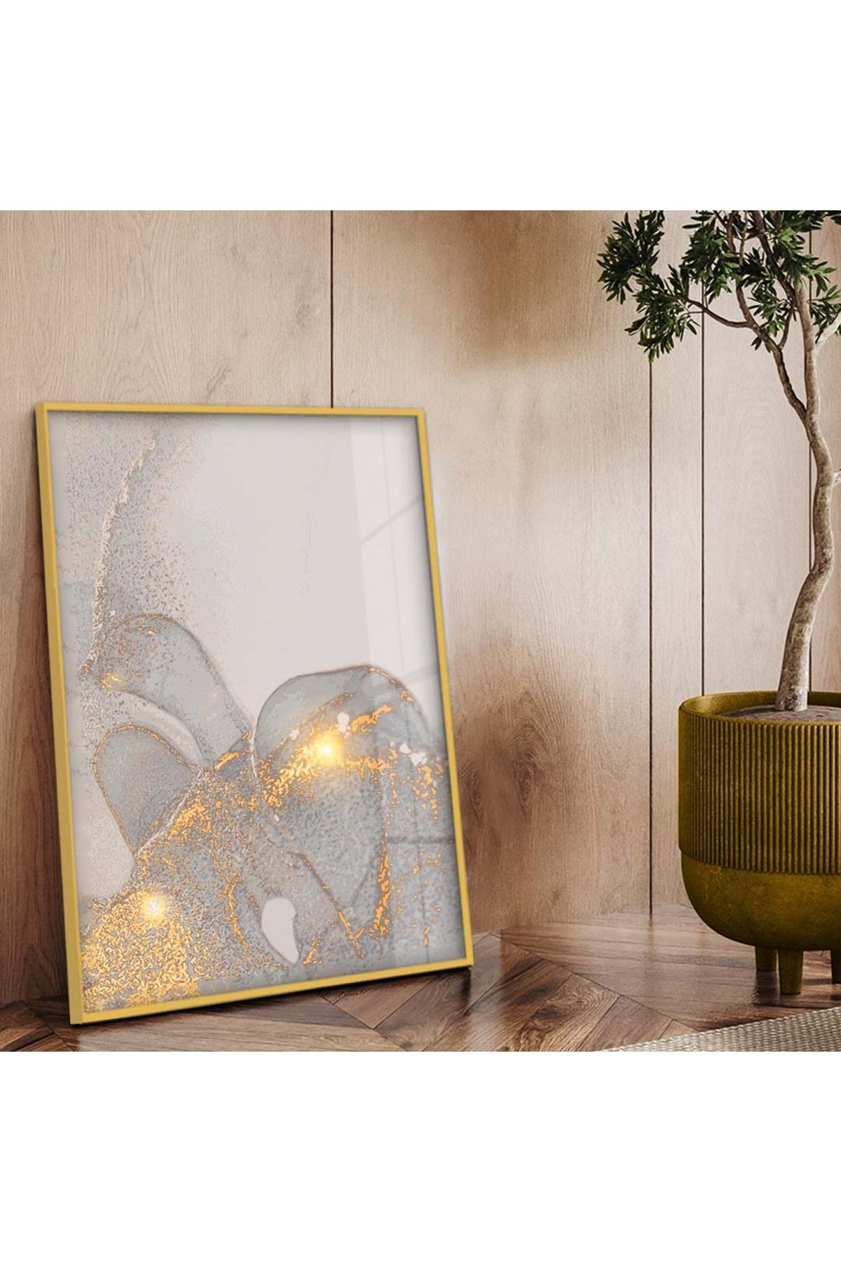 Gold Metal Çerçeveli Soyut Tema Modern Çizim Kırılmaz Cam Tablo