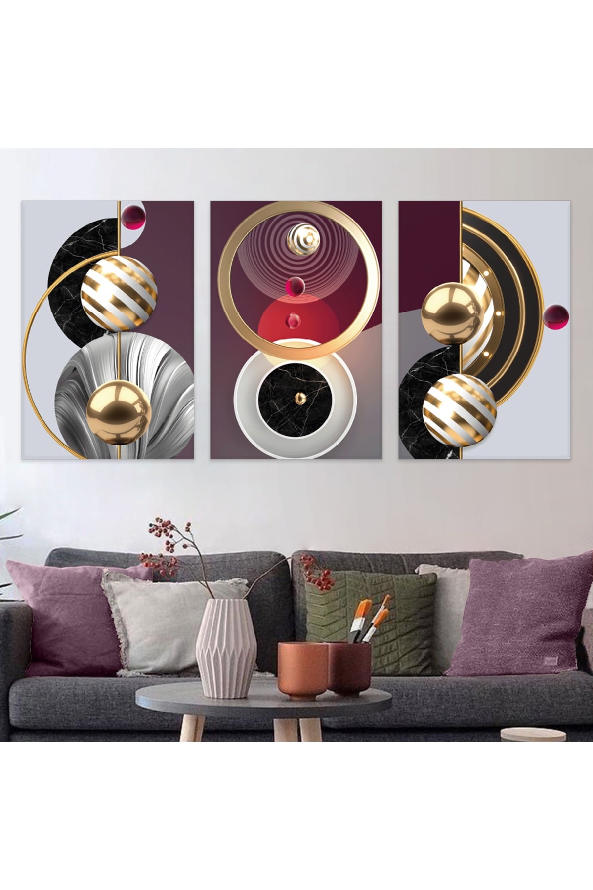 Minimal Modern Tablo Soyut Desen 3'Lü Ahşap Şase Dijital Baskı Kanvas Tablo