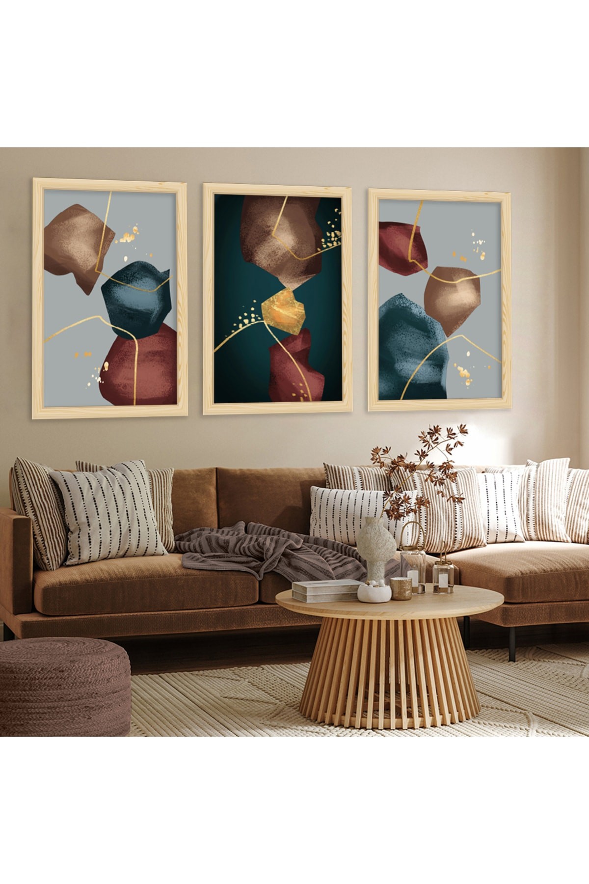 Salon Tablosu Sanatsal Ahşap Çerçeveli Kolaj Çizim Modern Tablo