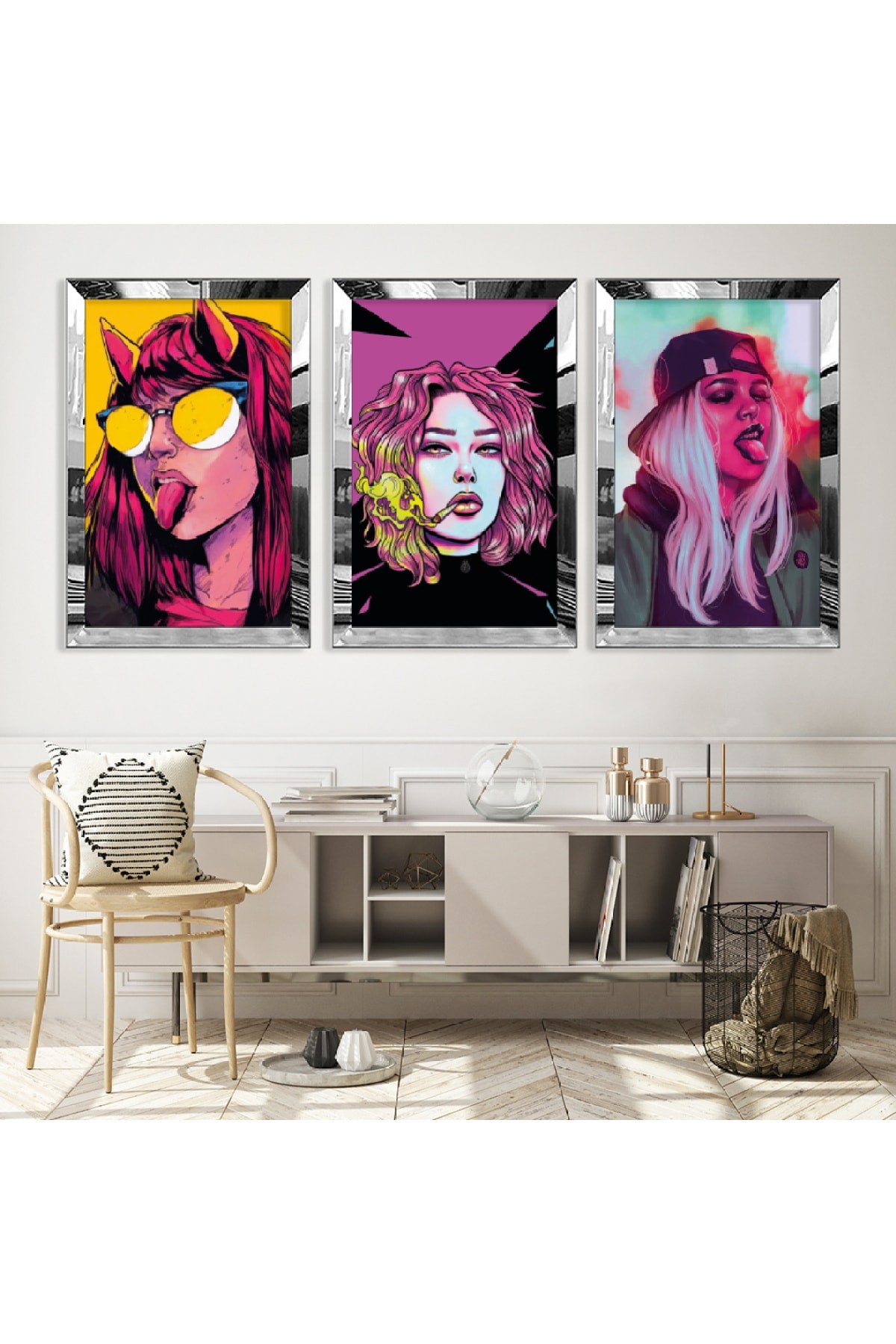 Pembe Çizim Genç Kızlar Gold Pleksi Kenar Solmaz MDF Tablo