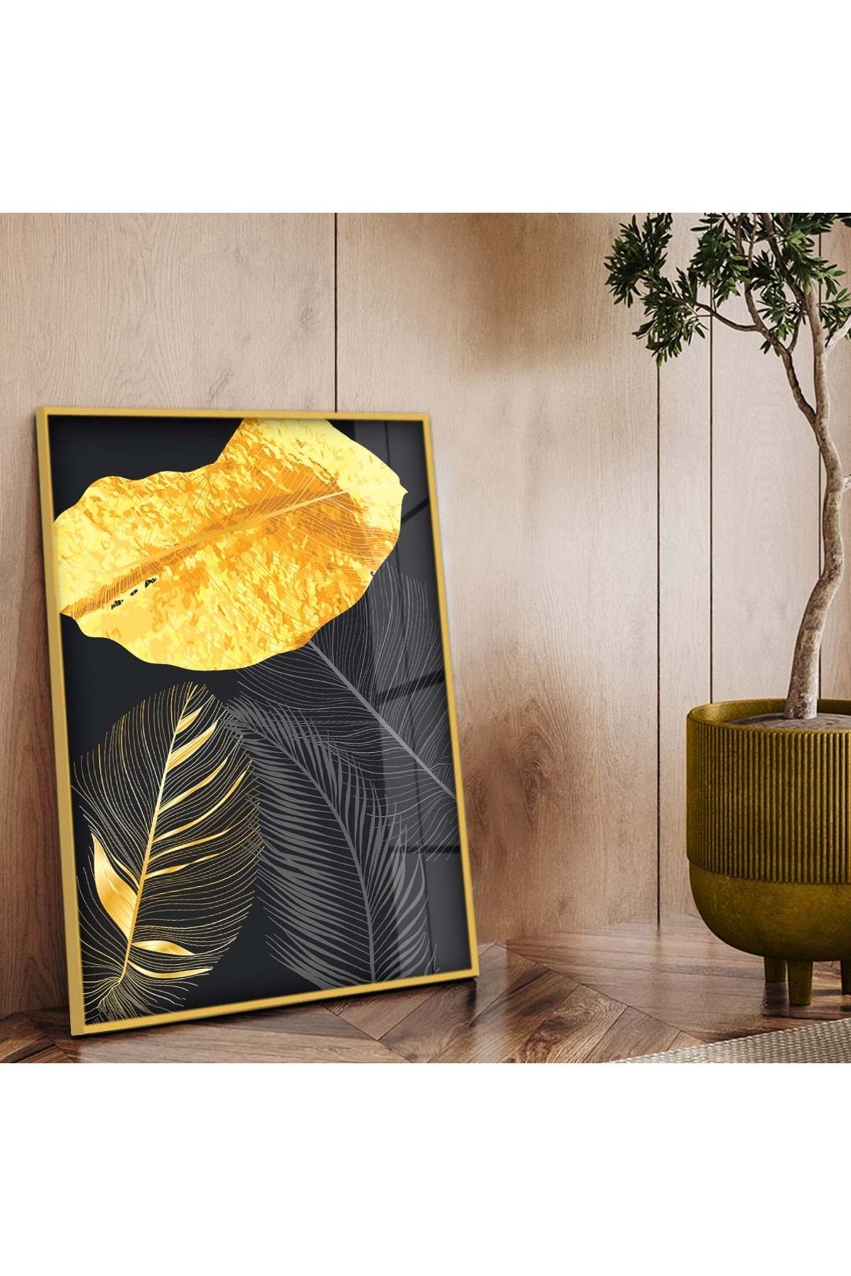 Gold Metal Çerçeveli Kolaj Çizim Yaprak Desen Kırılmaz Cam Tablo
