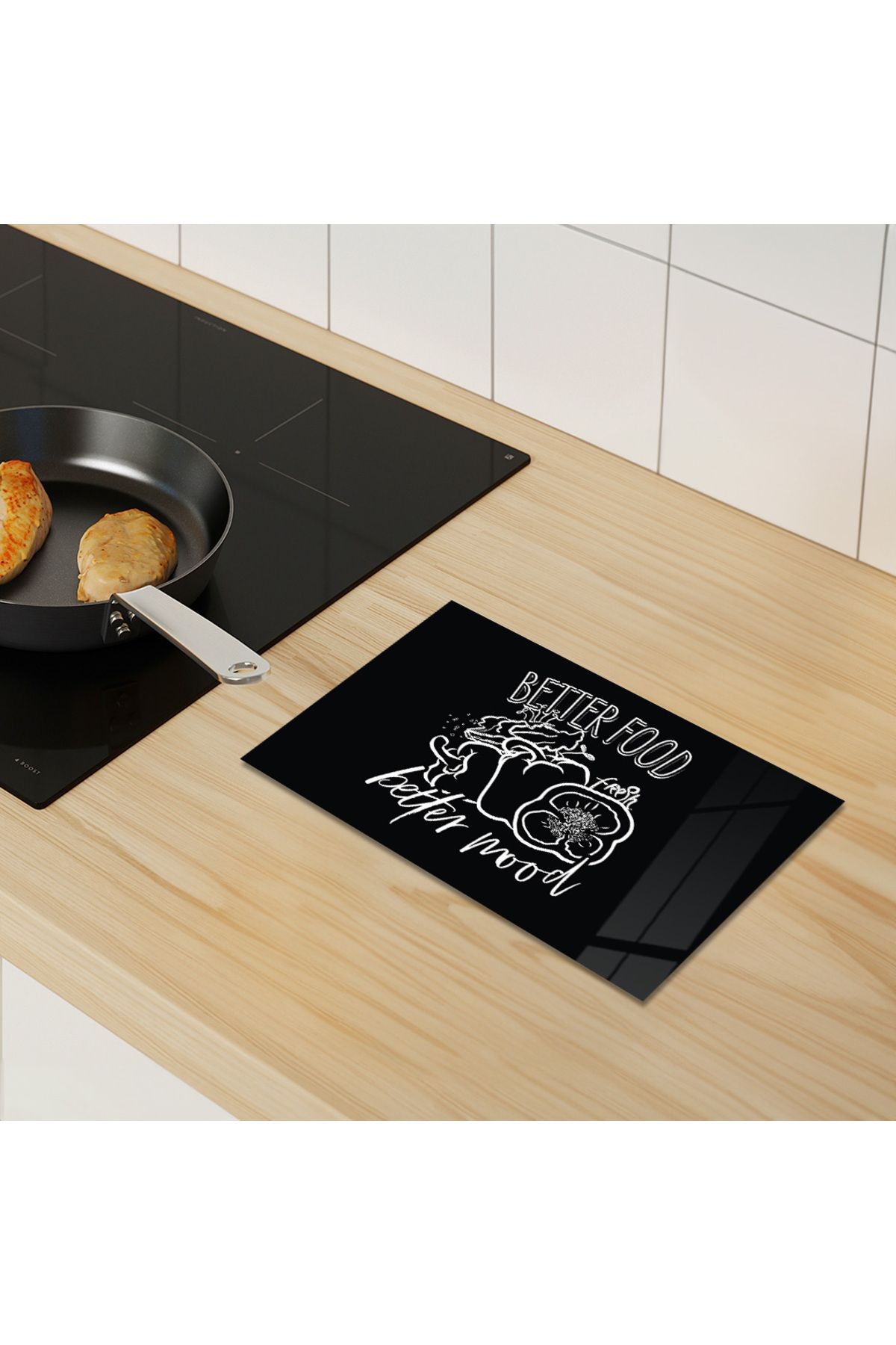 Cam Kesme Tahtası Siyah Arka Planlı "Better Food Better Mood" Yazılı
