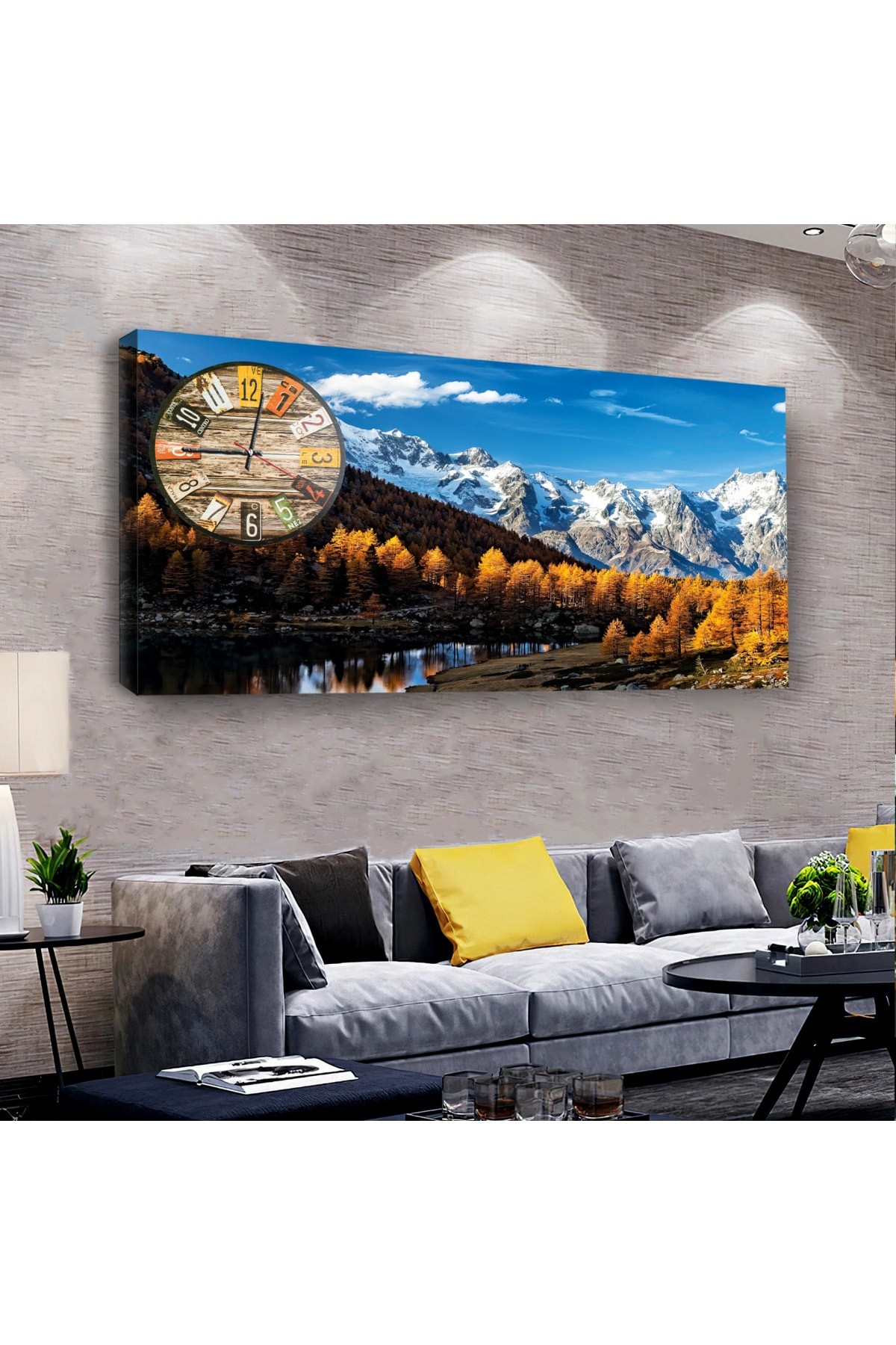 Renkli Manzara saatliAhşap Şase Dijital Baskı Kanvas Tablo 120X60Cm