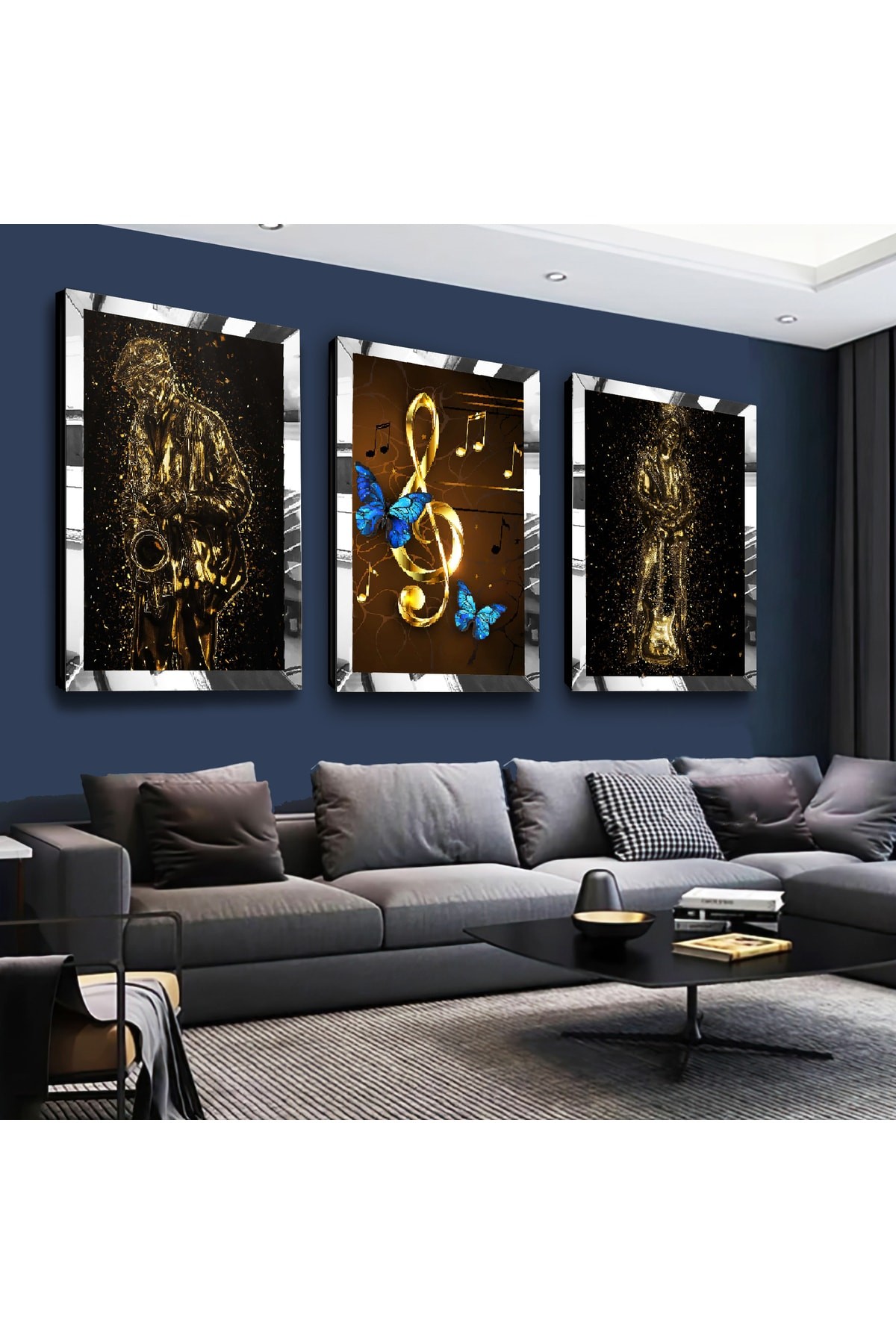Müzik Modern Gold Pleksi Kenar 3'Lü Solmaz MDF Tablo Seti