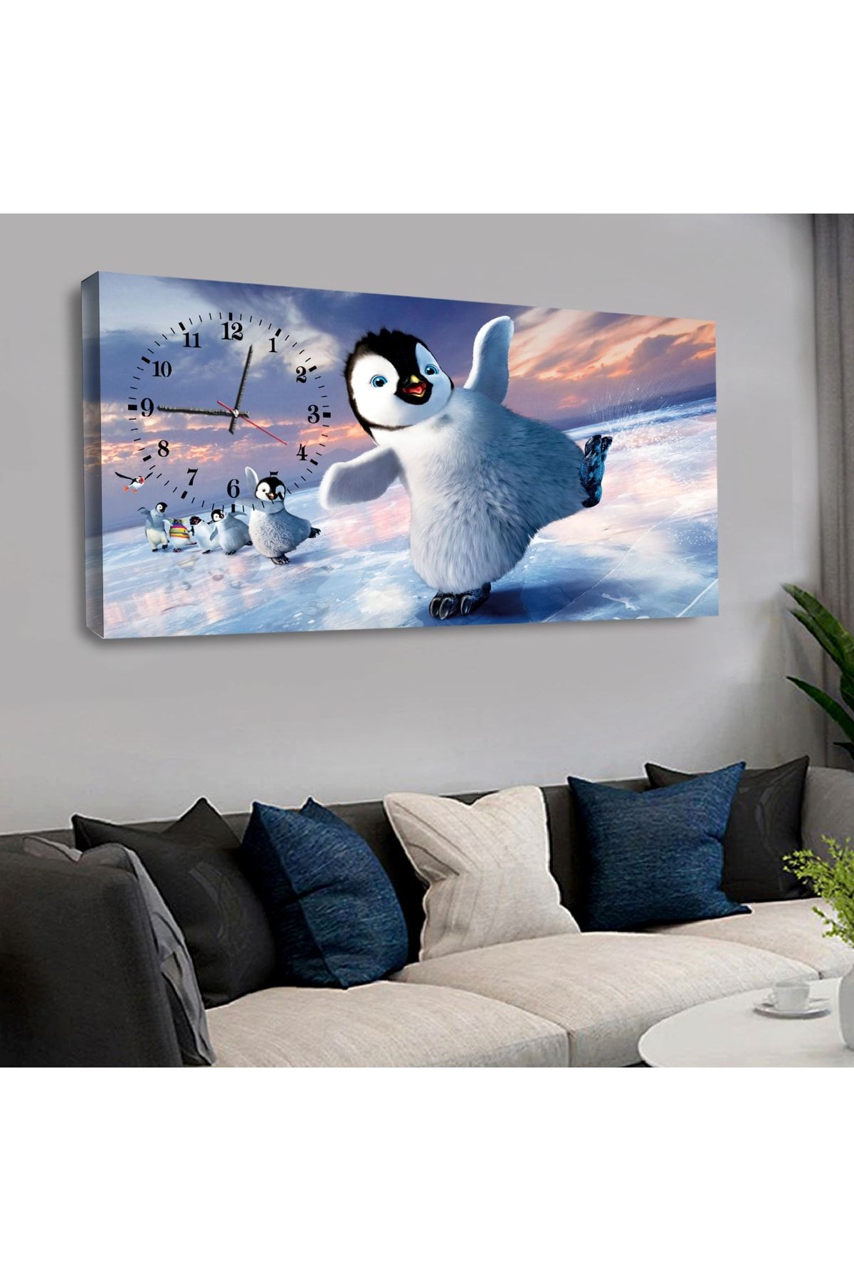 Kanvas Buzda Kayan Sevimli Yavru Penguenler Saatli Tablo