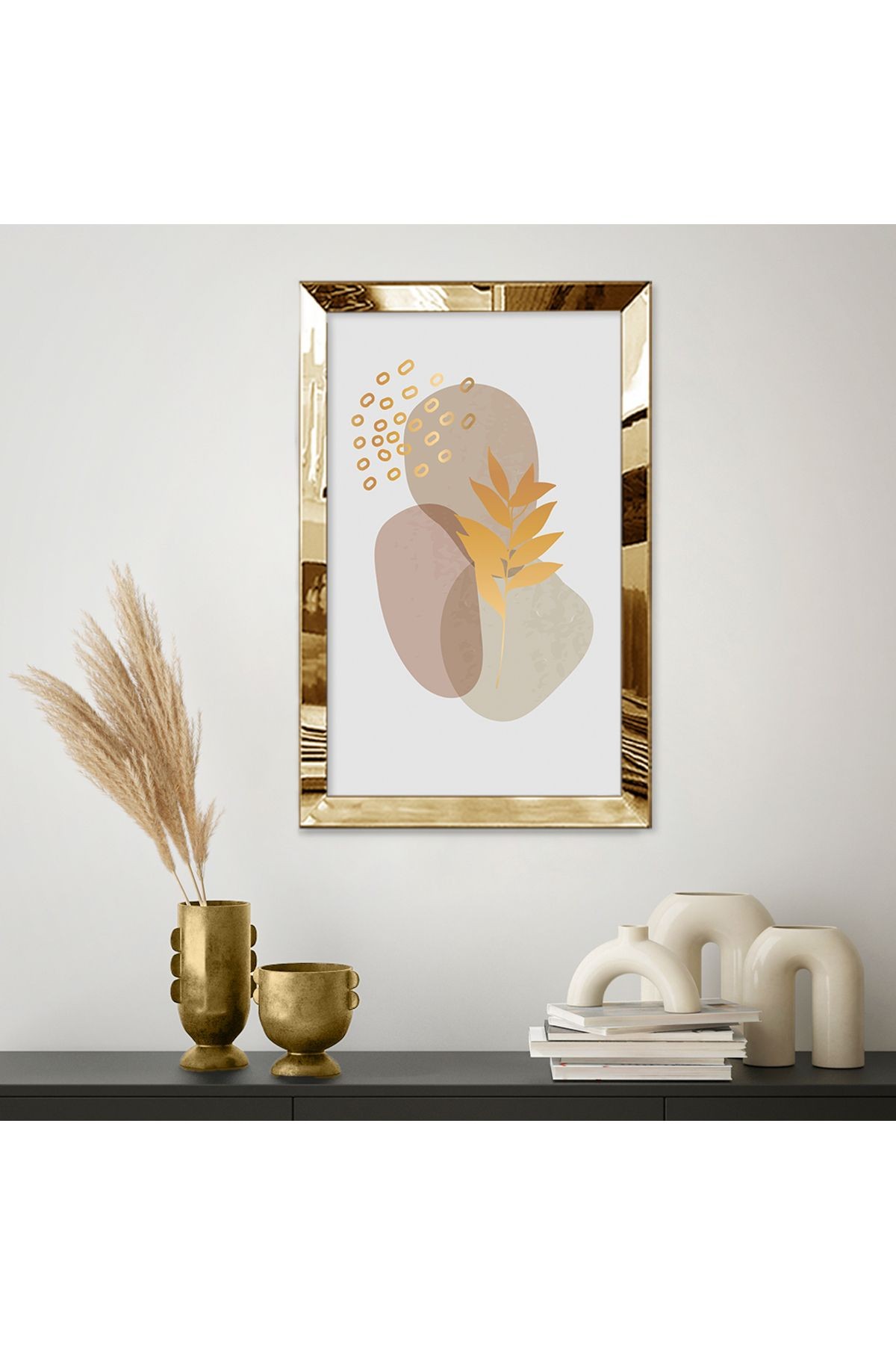 Gold Aynalı Pleksi Çerçeveli Pastel Tonlarda Soyut Şekiller Mdf Tablo