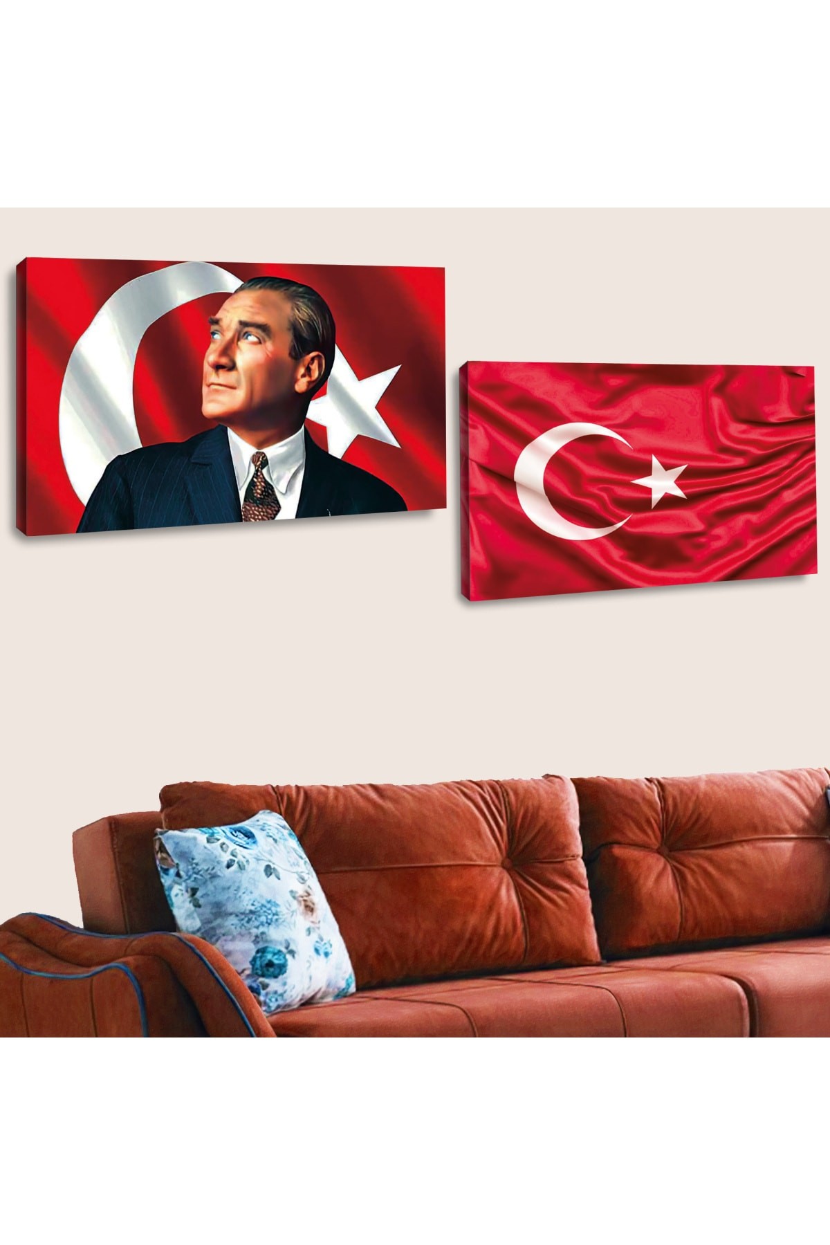 Ahşap Şase Dijital Baskı Kanvas 2'Li Atatürk Ve Türk Bayrağı Tablosu