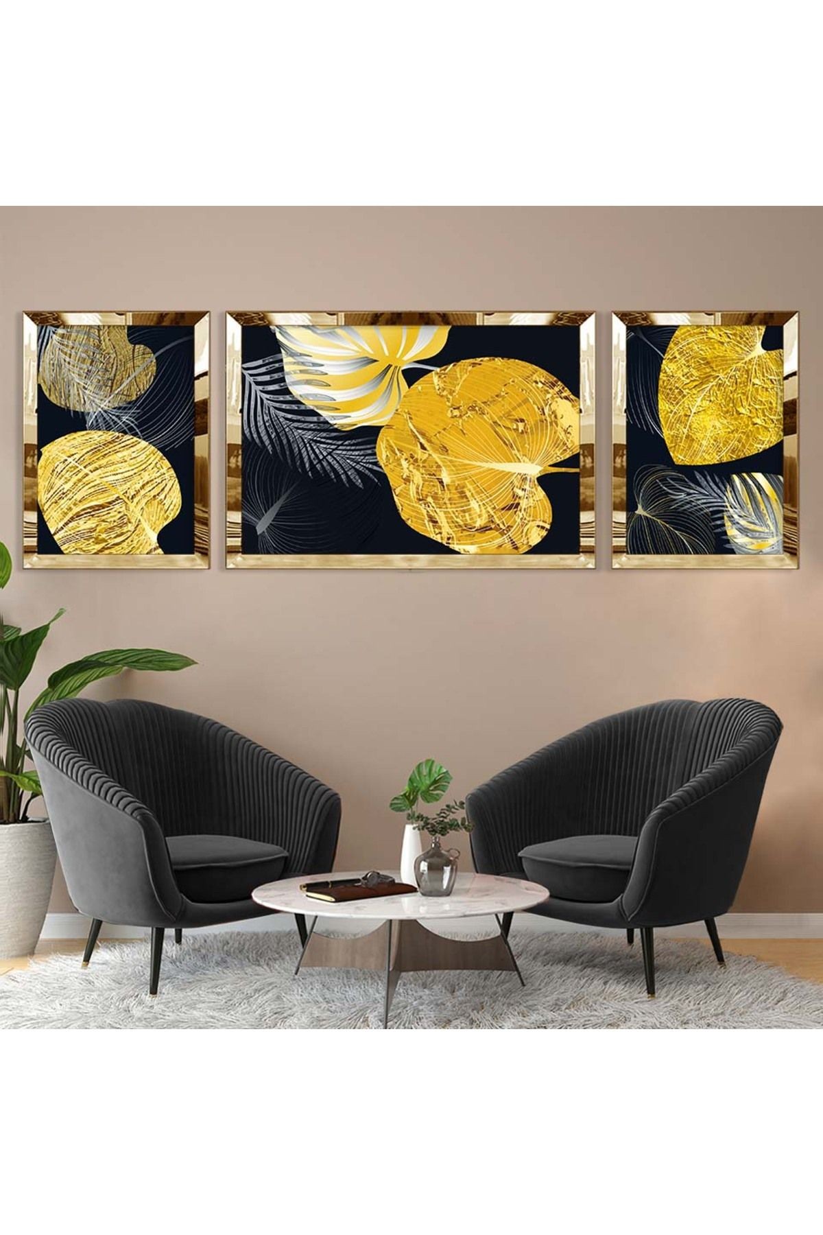 Gold Aynalı Pleksi Çerçeveli Üçlü Siyah Arka Planlı Gold Ve Gümüş Desenli Üçlü Mdf Tablo Seti