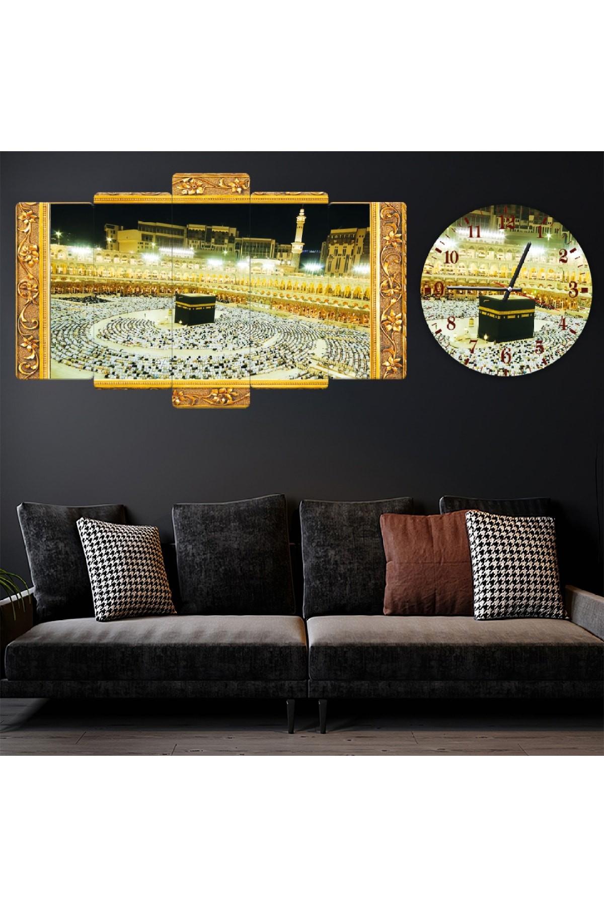 5 Parça Kabe Dini Solmaz MDF Tablo Ve Saat Kombin