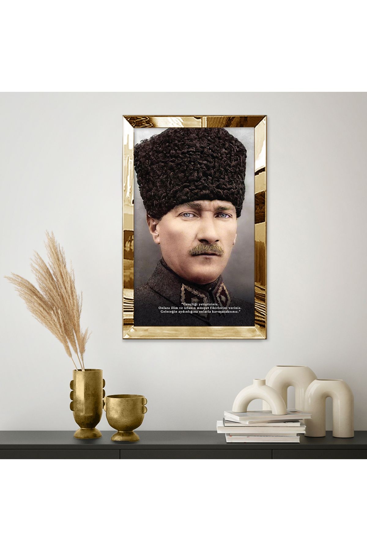 Gold Aynalı Pleksi Çerçeveli Mustafa Kemal Atatürk Mdf Tablo