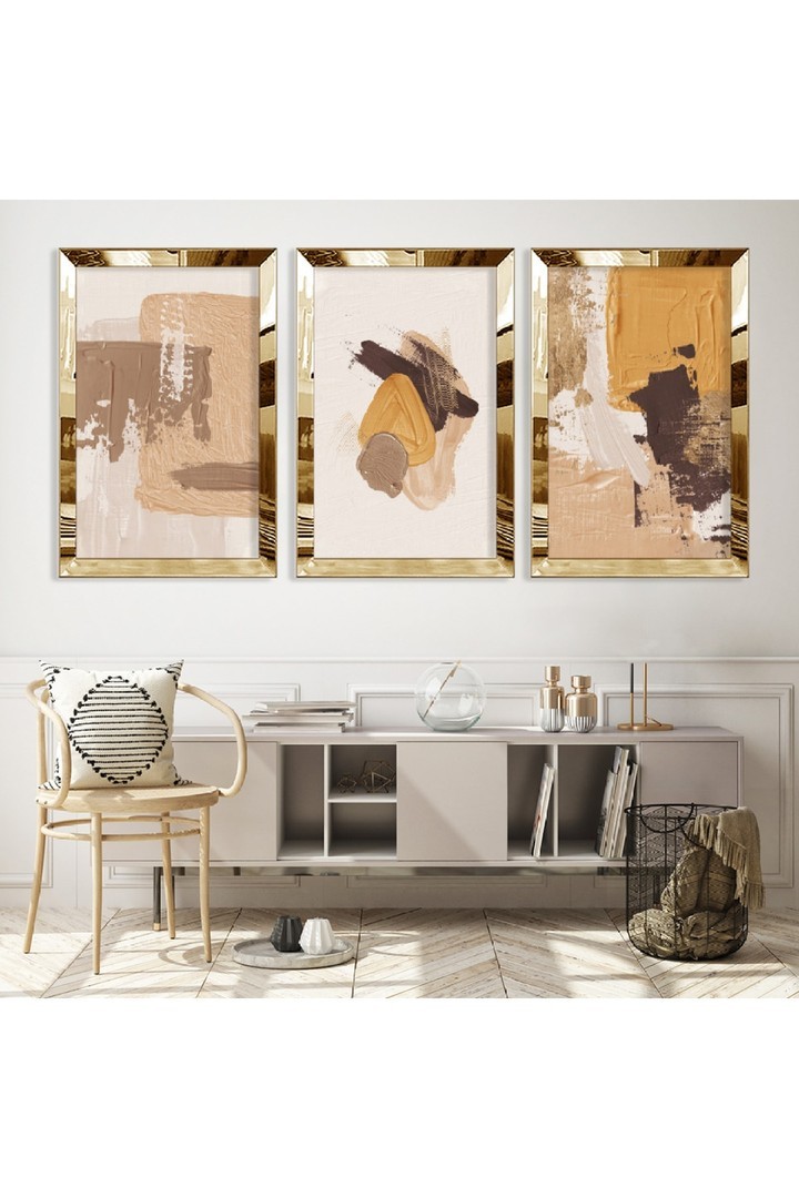 Renkli Soyut Desen Gold Pleksi Kenar 3'Lü Solmaz MDF Tablo