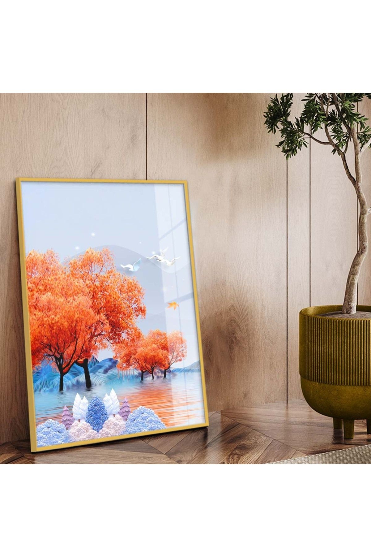 Gold Metal Çerçeveli Modern Çizim Doğa Tema Kırılmaz Cam Tablo
