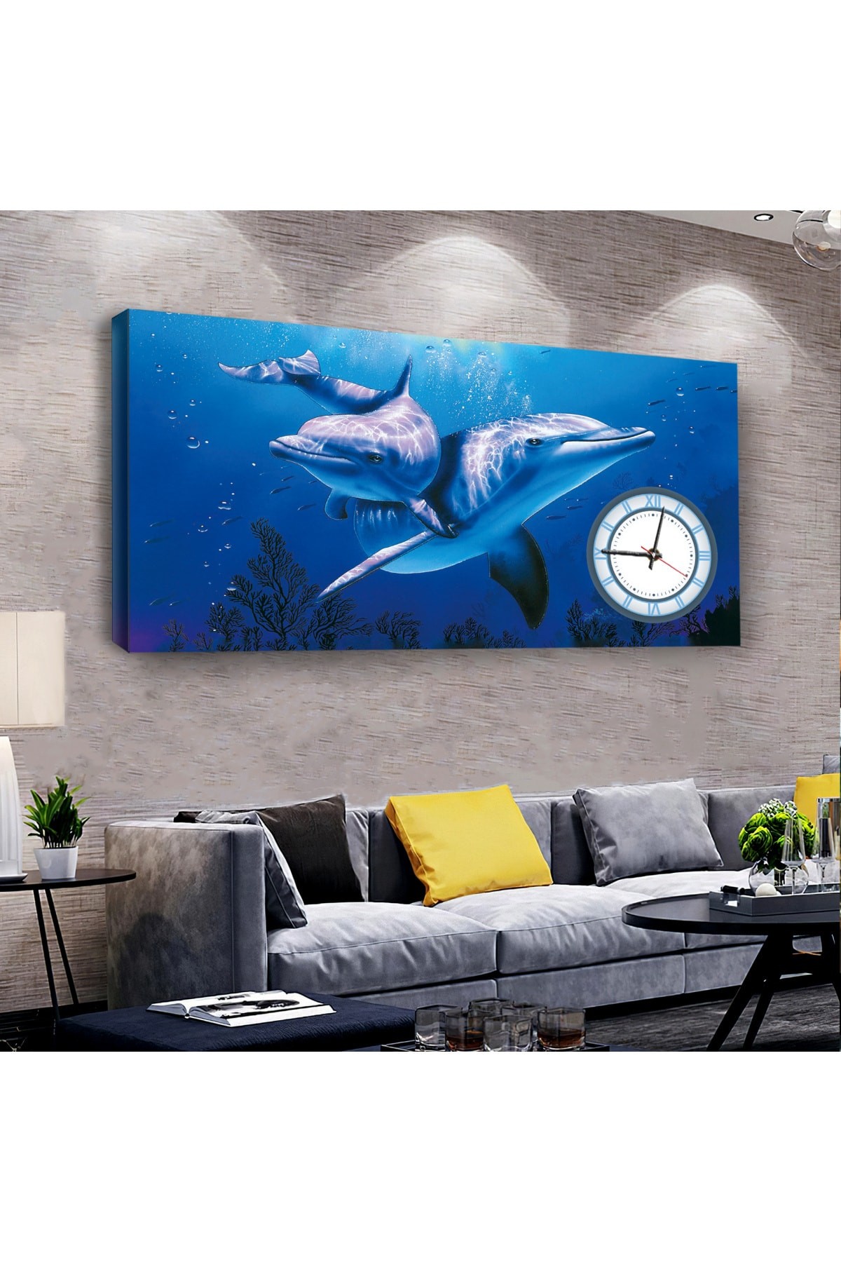 Sevimli Yunuslar saatliAhşap Şase Dijital Baskı Kanvas Tablo 120X60Cm