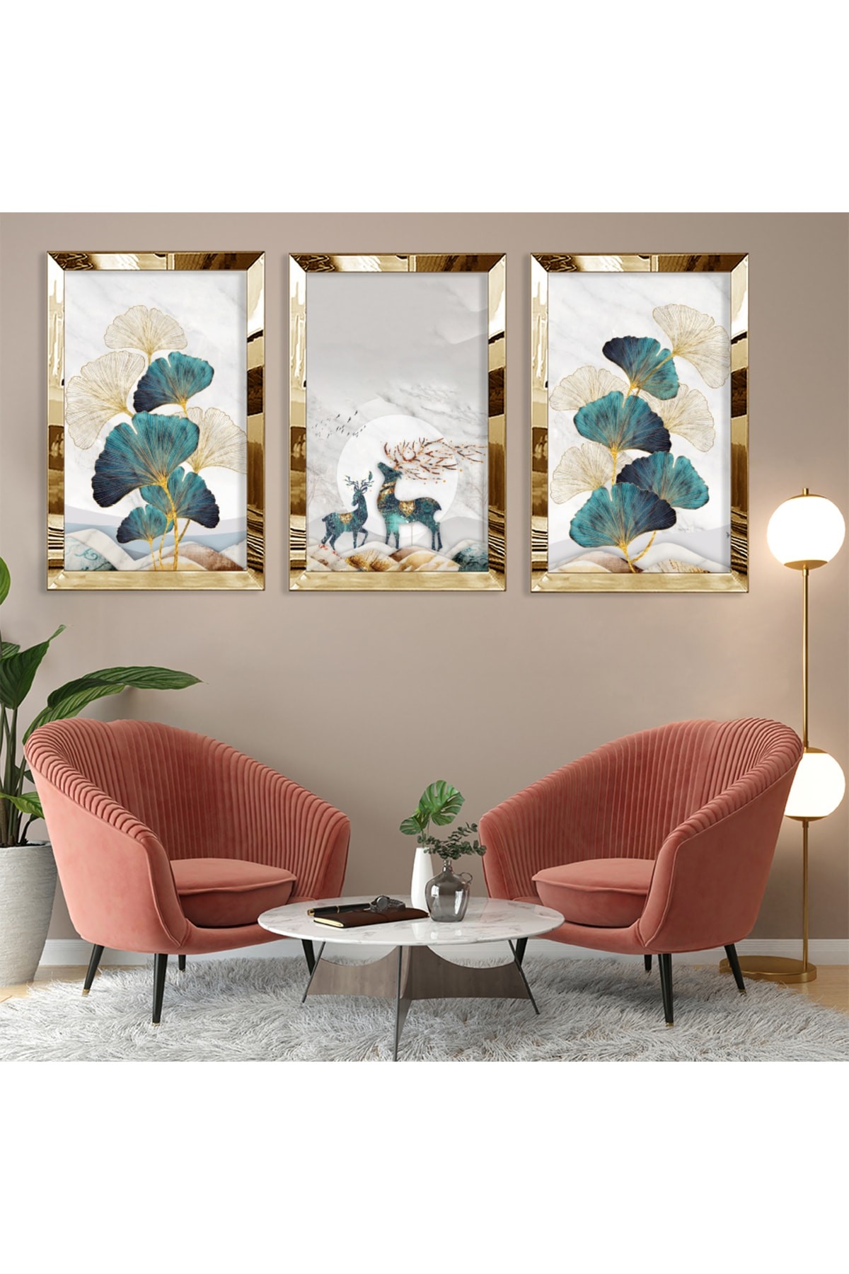 Duvar Sanatı Minimalist Soyut Desen Gold Pleksi Kenar 3'Lü Solmaz MDF Tablo