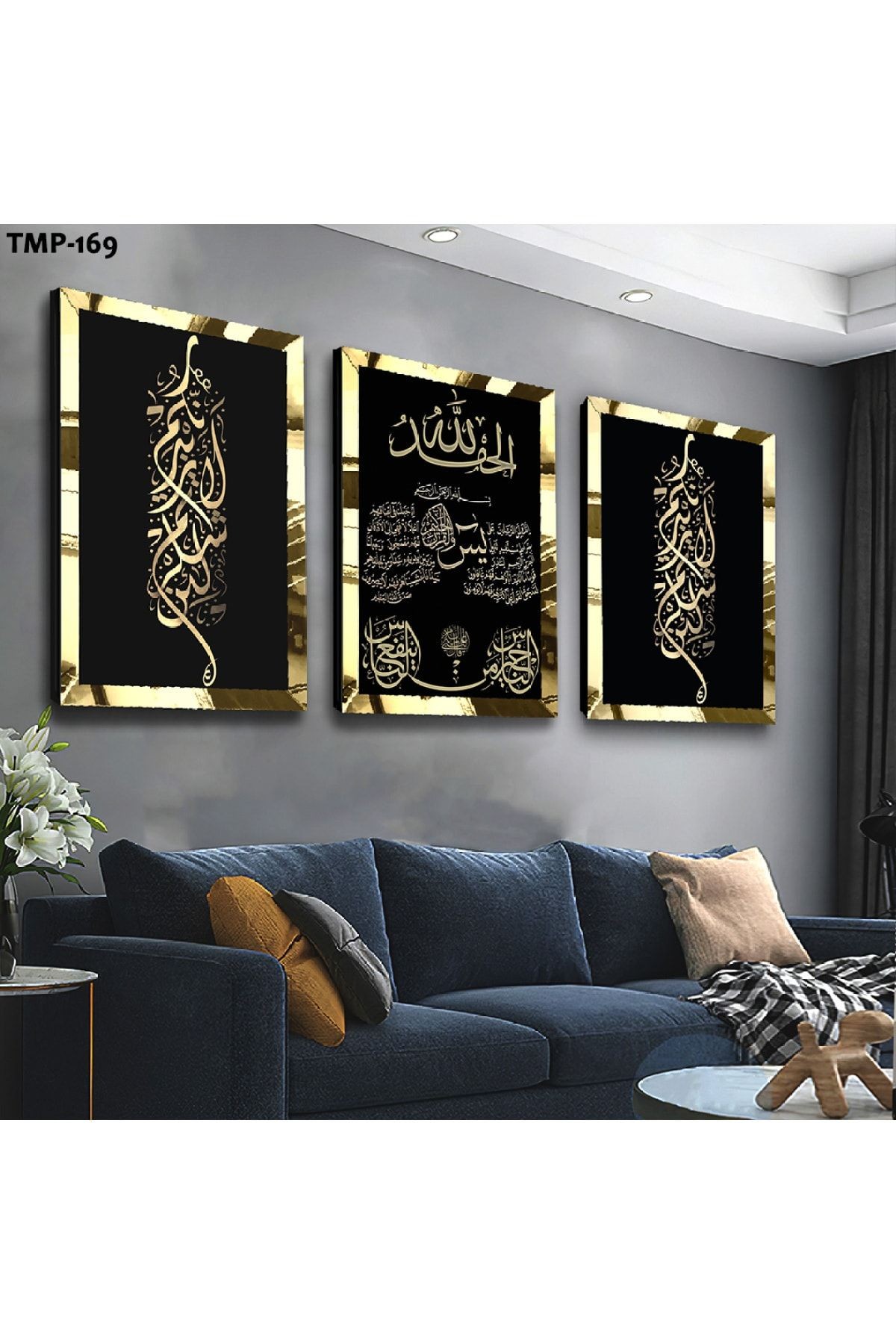 Gold Aynalı Pleksi Çerçevel Arapça Dua Dini Gold Üçlü Mdf Tablo Seti