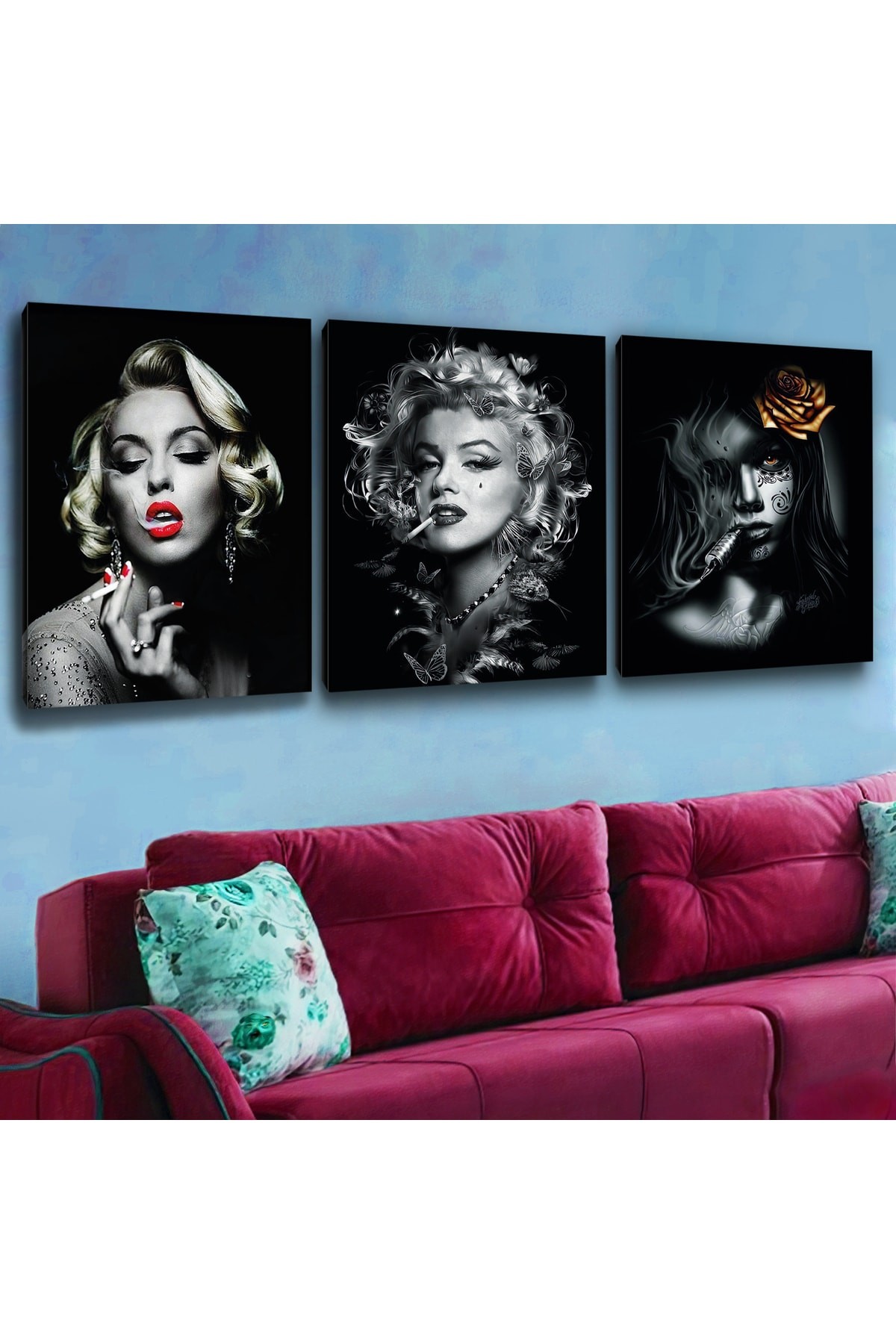 KANVAS SİYAH ARKA PLANLI MARİLYN MONROE ÜÇLÜ TABLO SETİ