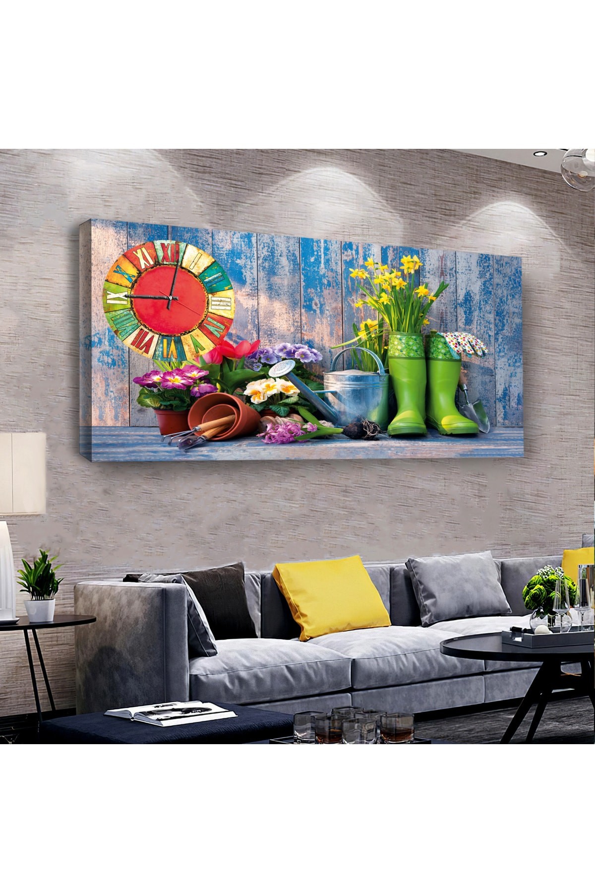 Renkli Çiçek saatliAhşap Şase Dijital Baskı Kanvas Tablo 100X50Cm