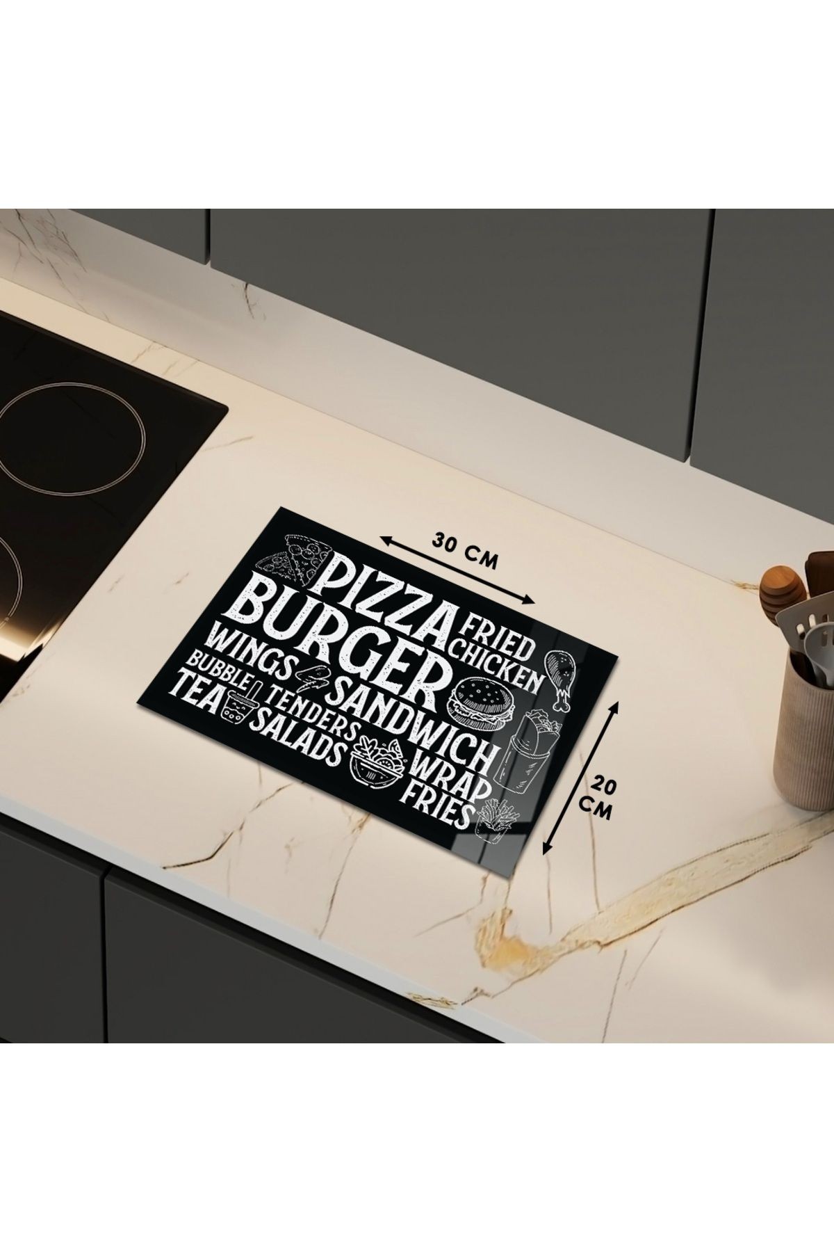 Cam Kesme Tahtası Tebeşir Çizimli Yazılı Modern