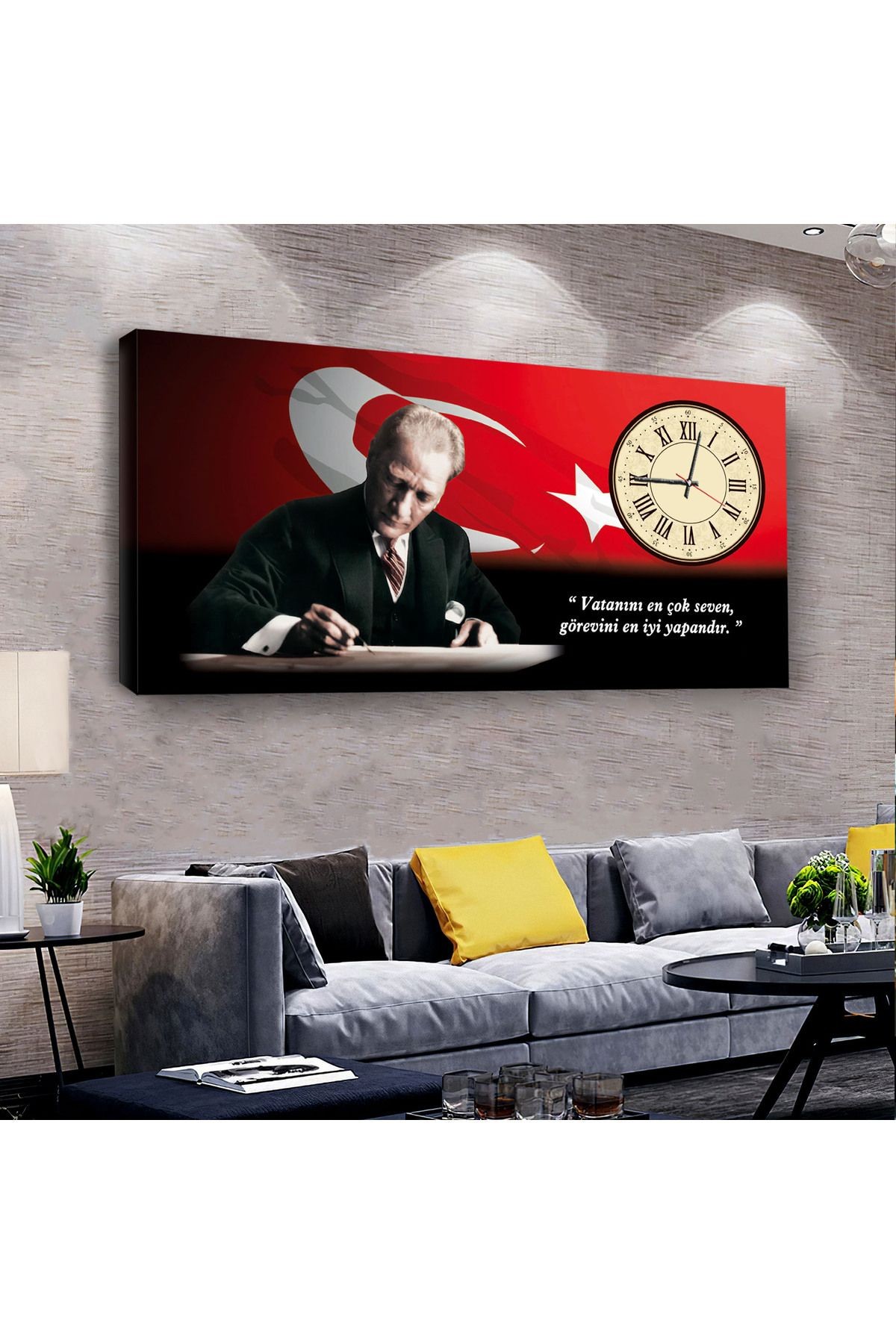 Kanvas Türk Bayrağı Arka Planlı Mustafa Kemal Atatürk Saatli Tablo