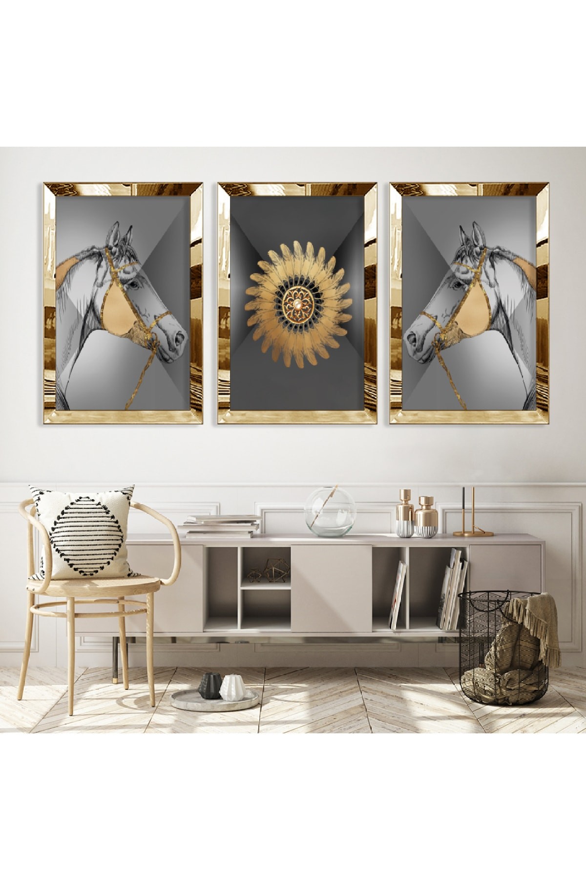Salon Tablosu Soyut Desen Gold Pleksi Kenar Solmaz MDF Tablo