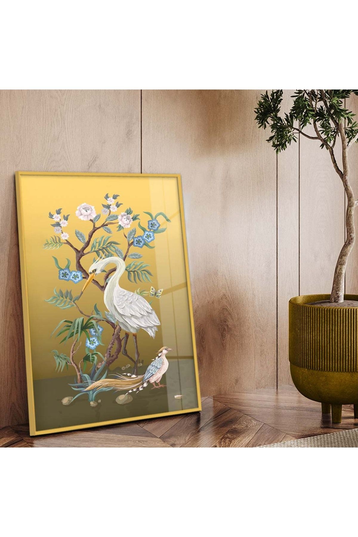Gold Metal Çerçeveli Modern Çizim Tavus Kuşu Figür Kırılmaz Cam Tablo