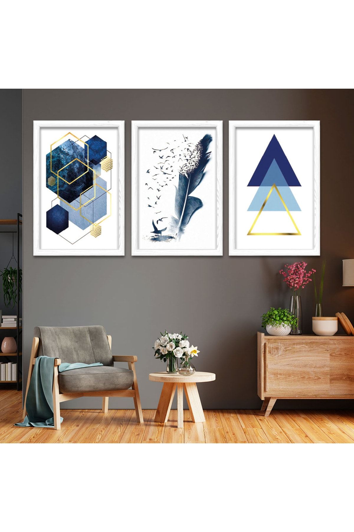 Beyaz Ahşap Çerçeveli Mavi Şekiller Modern Tablo