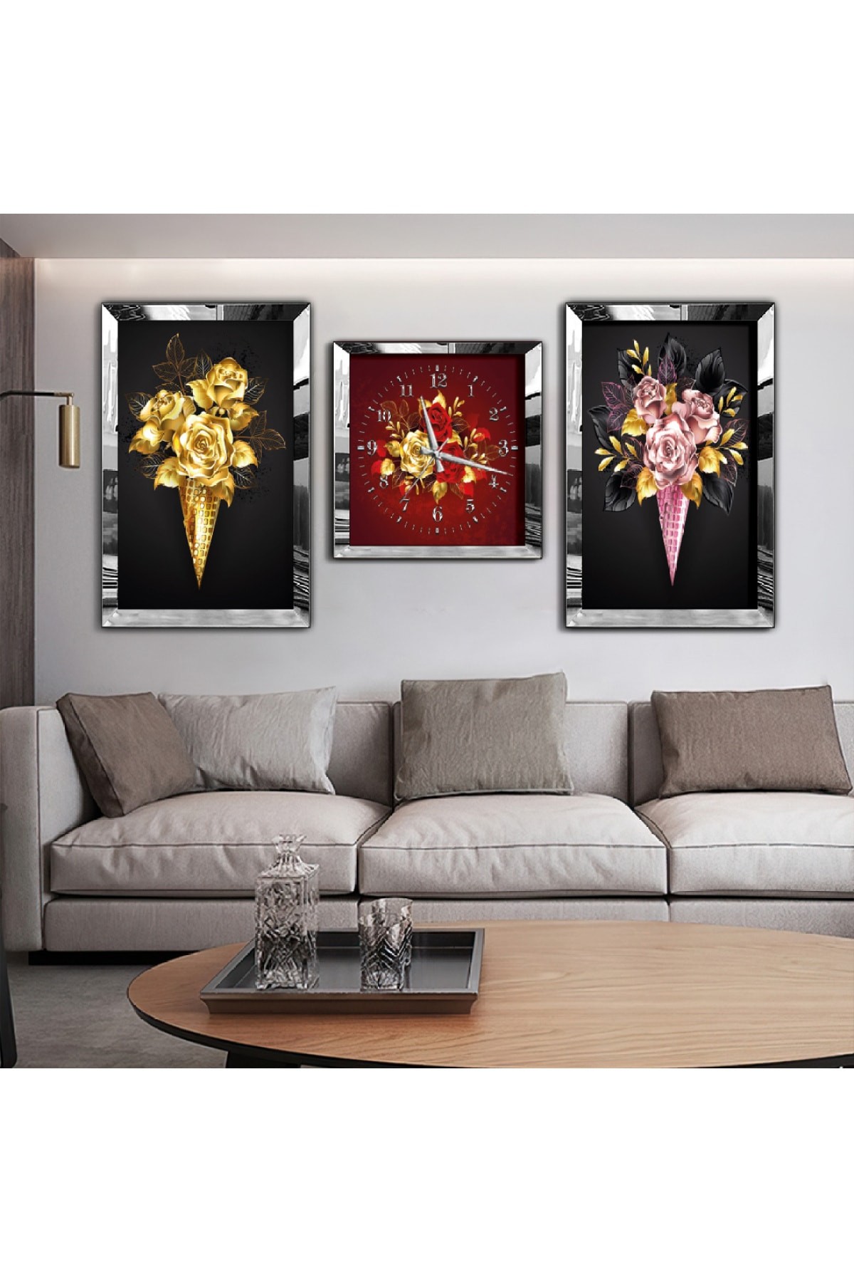 Sanat Tablosu Çiçek Aynalı Gold Pleksi Çerçeveli Solmaz MDF Tablo Ve Saat Seti